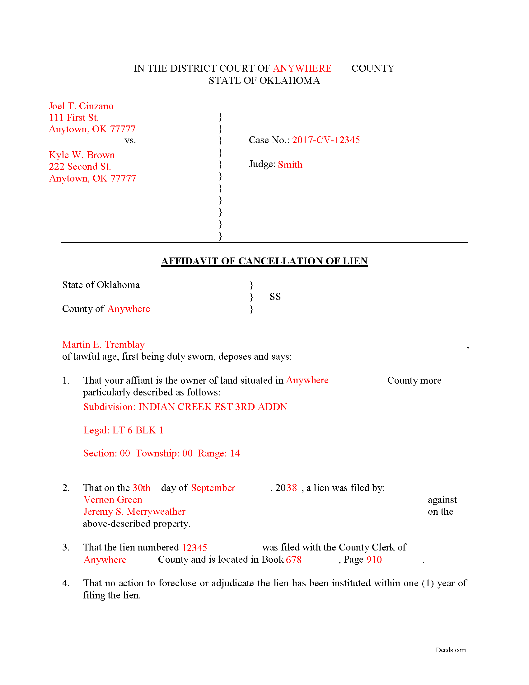 Garvin County Completed Example of the Affidavit of Cancellation of Lien Document