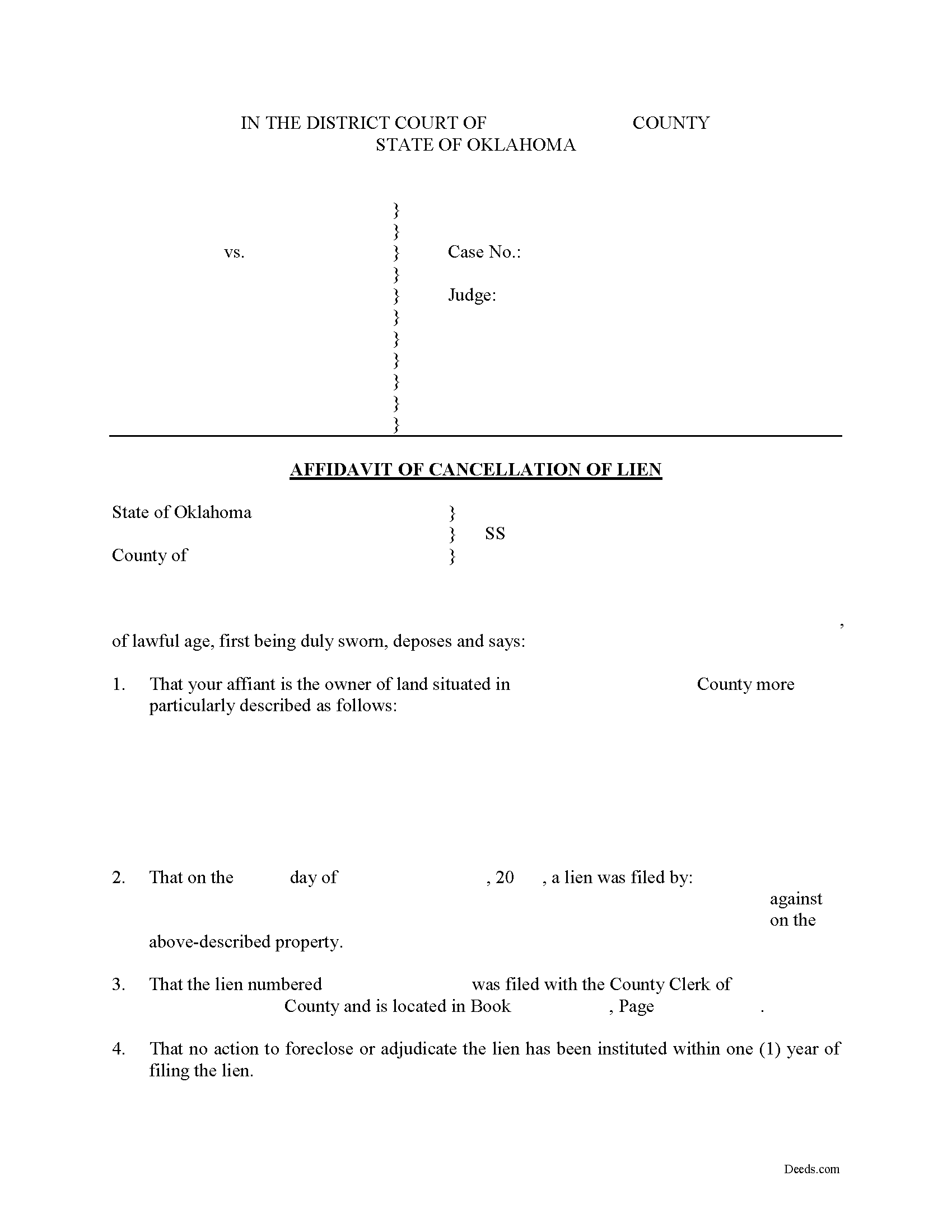 Garvin County Affidavit of Cancellation of Lien Form