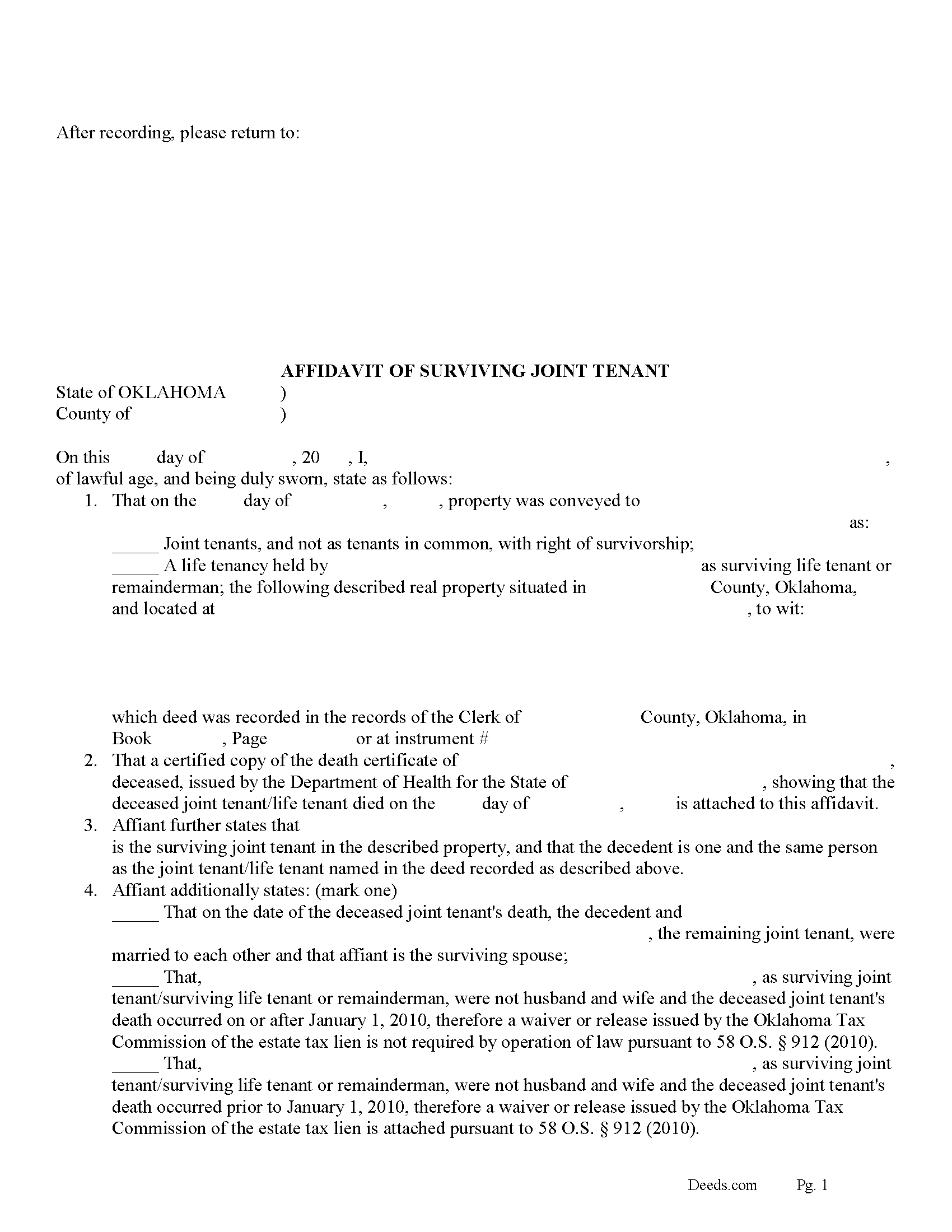 Carter County Affidavit of Surviving Joint Tenant Form