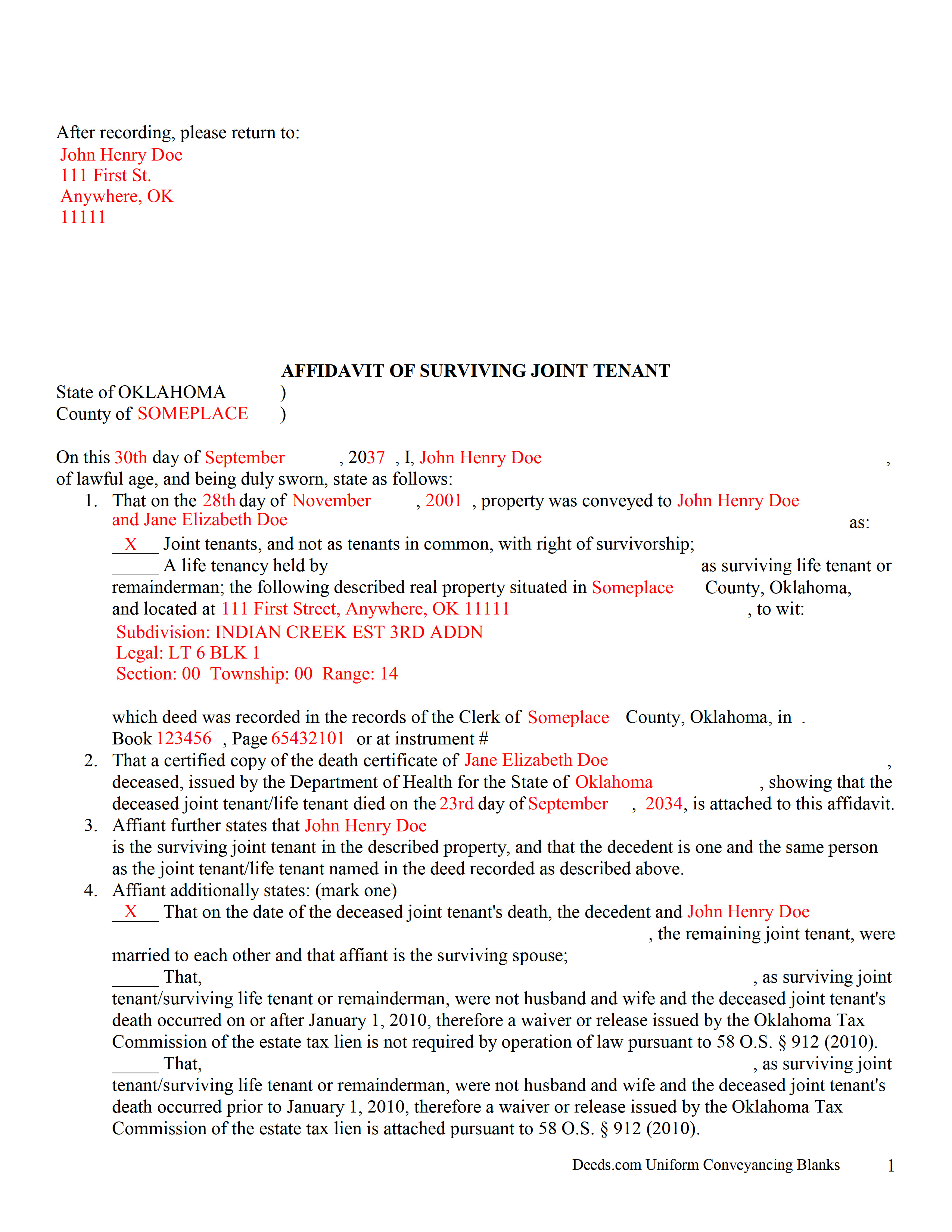 Completed Example of the Affidavit of Surviving Joint Tenant Document