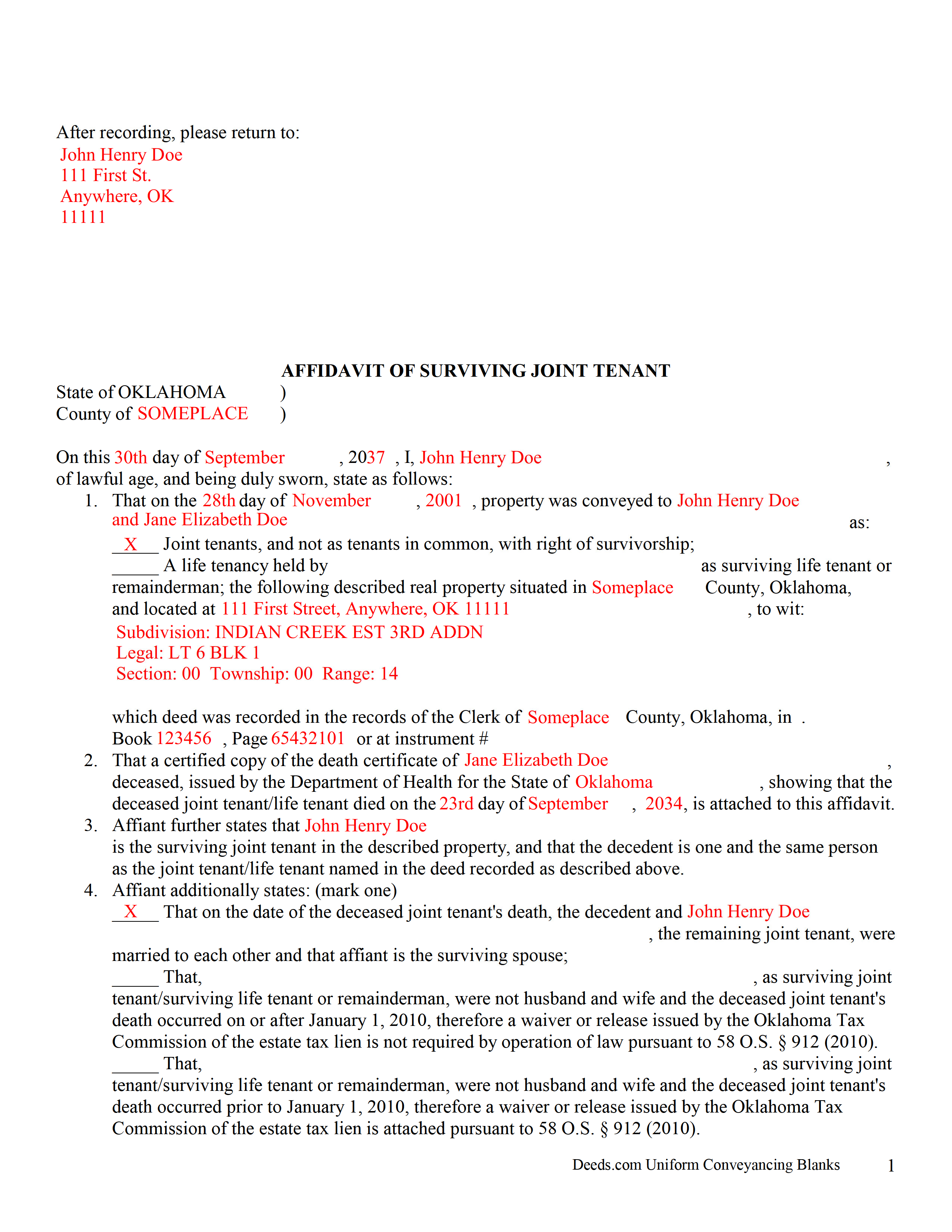 Carter County Completed Example of the Affidavit of Surviving Joint Tenant Document