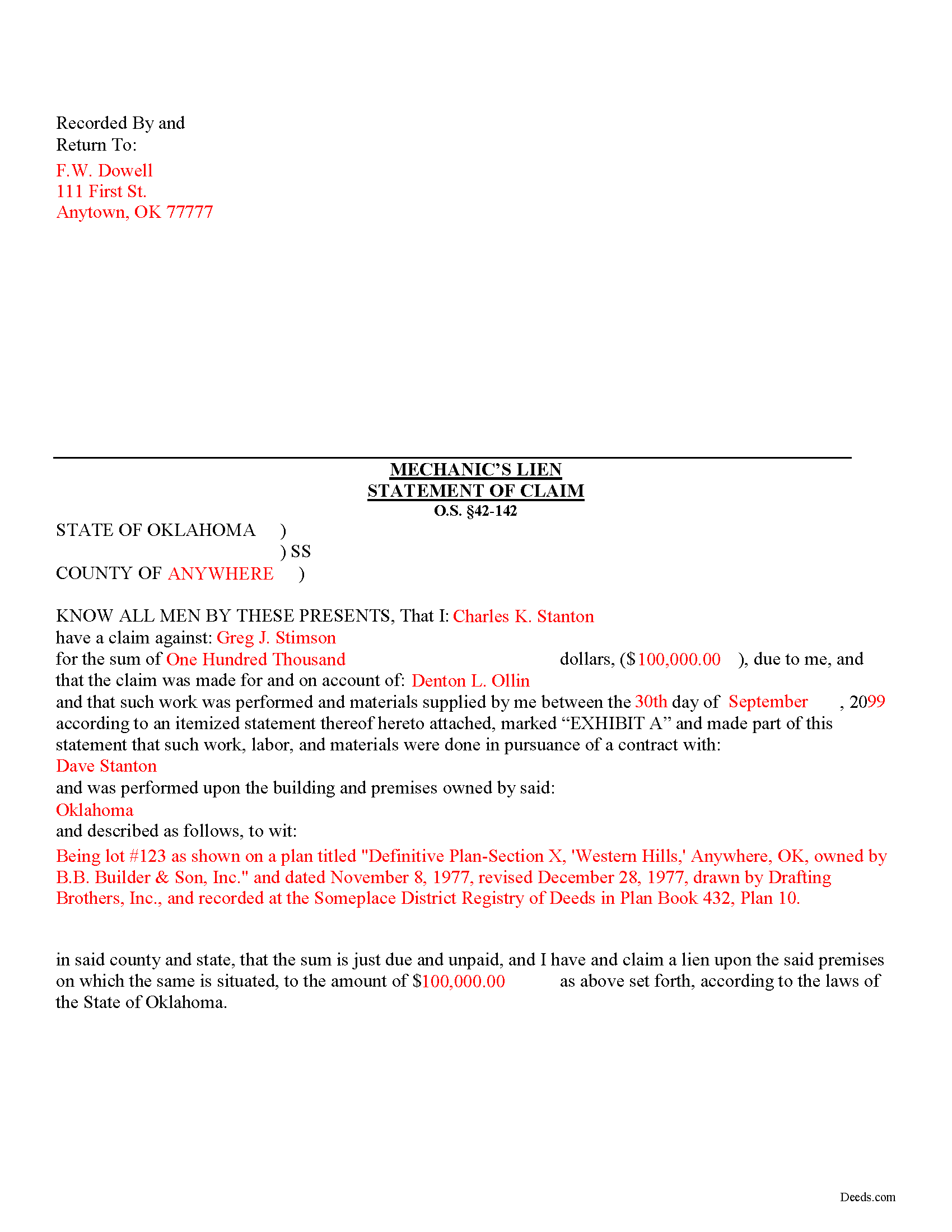 Completed Example of the Claim of Mechanics Lien Document