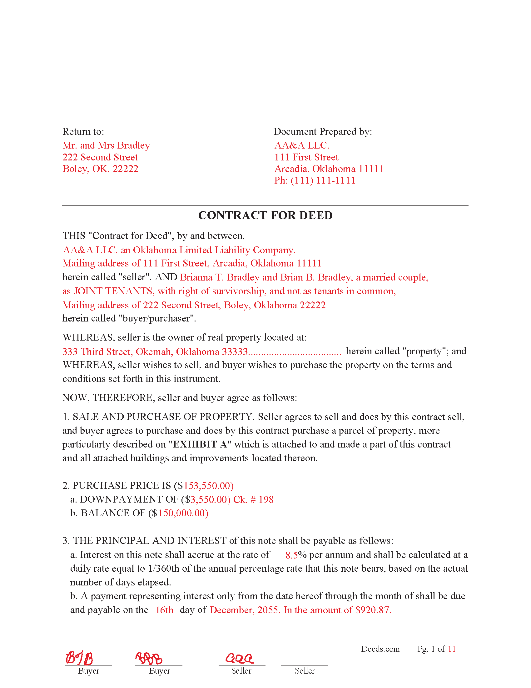 Mayes County Completed Example of the Contract for Deed Document