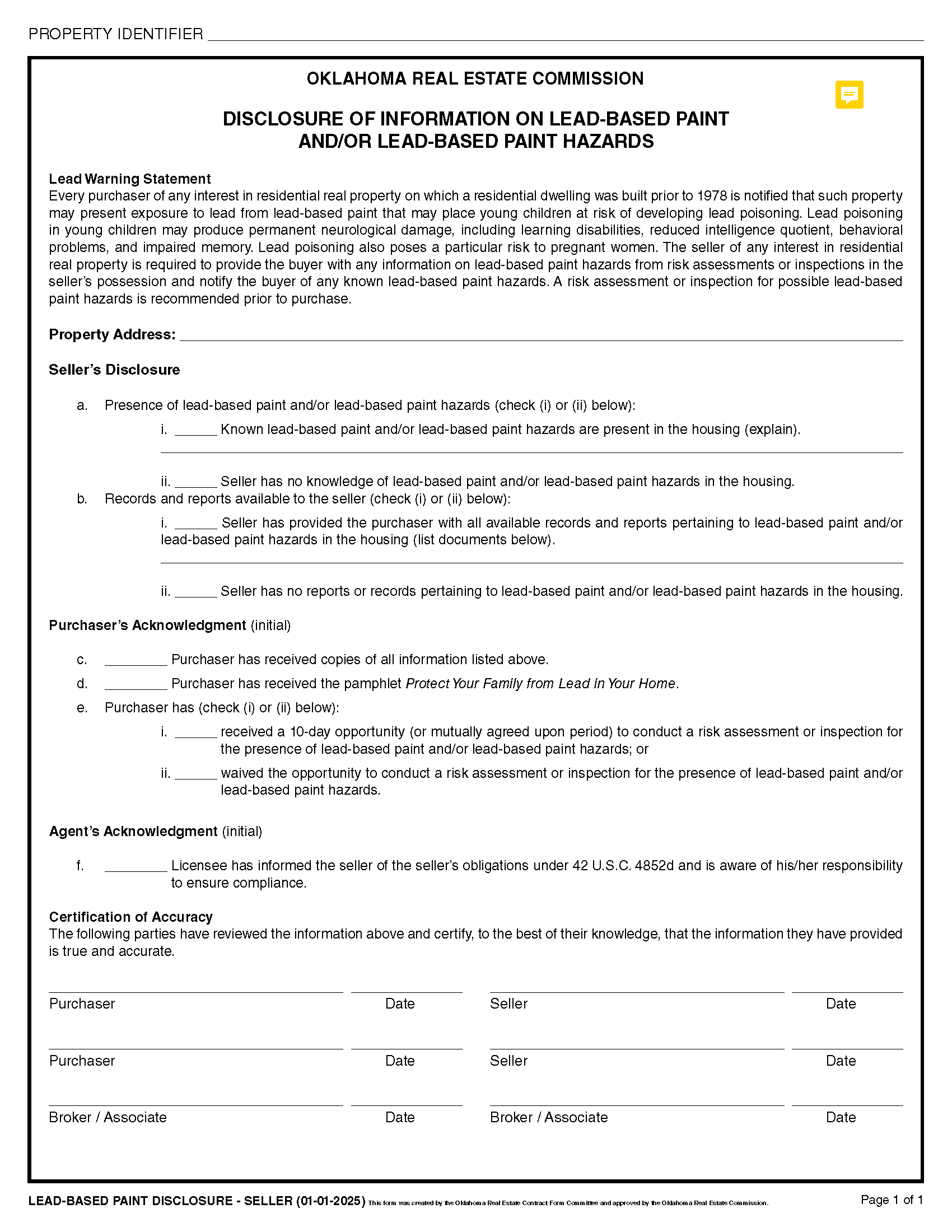Mayes County Seller's Lead Based Paint Disclosure Form