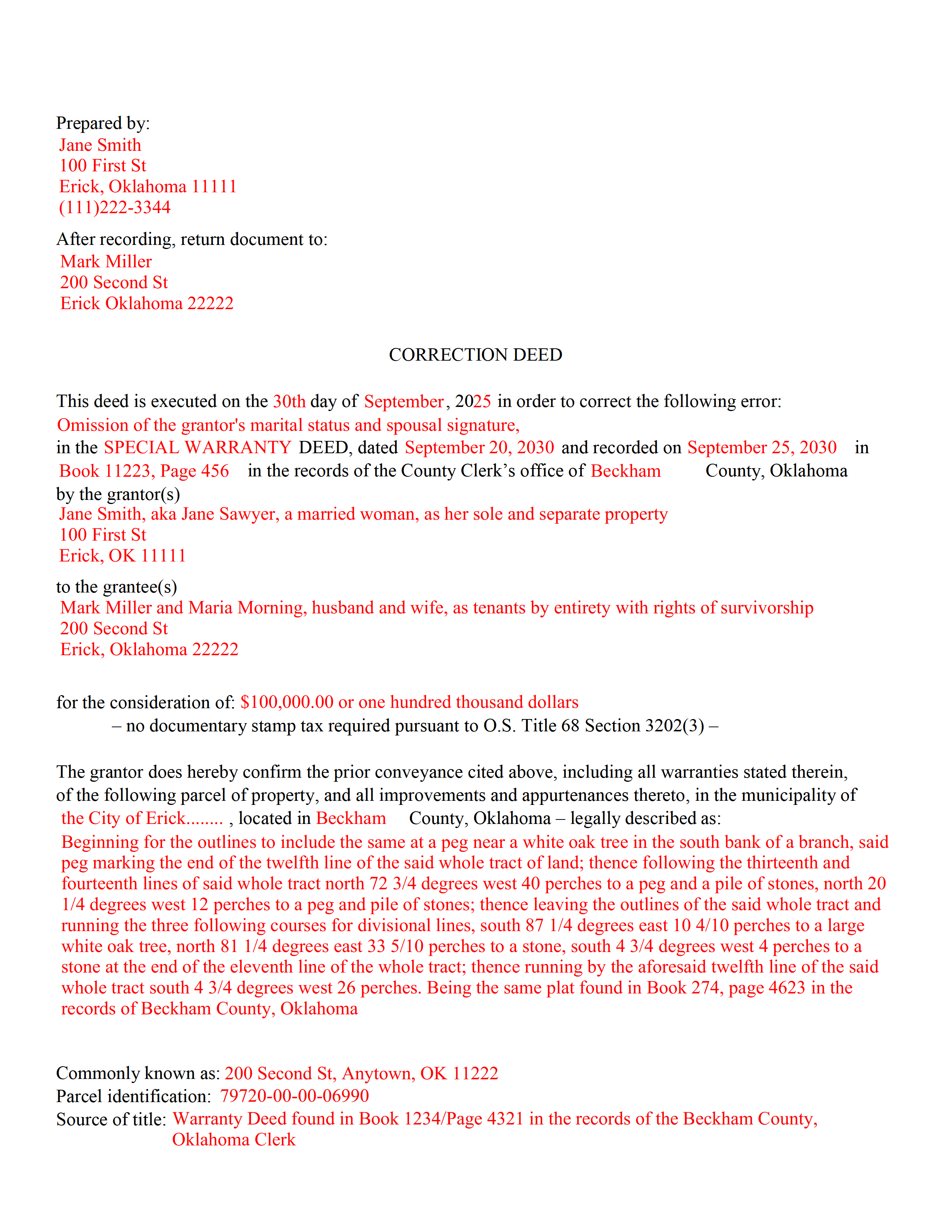 Completed Example of the Correction Deed Document