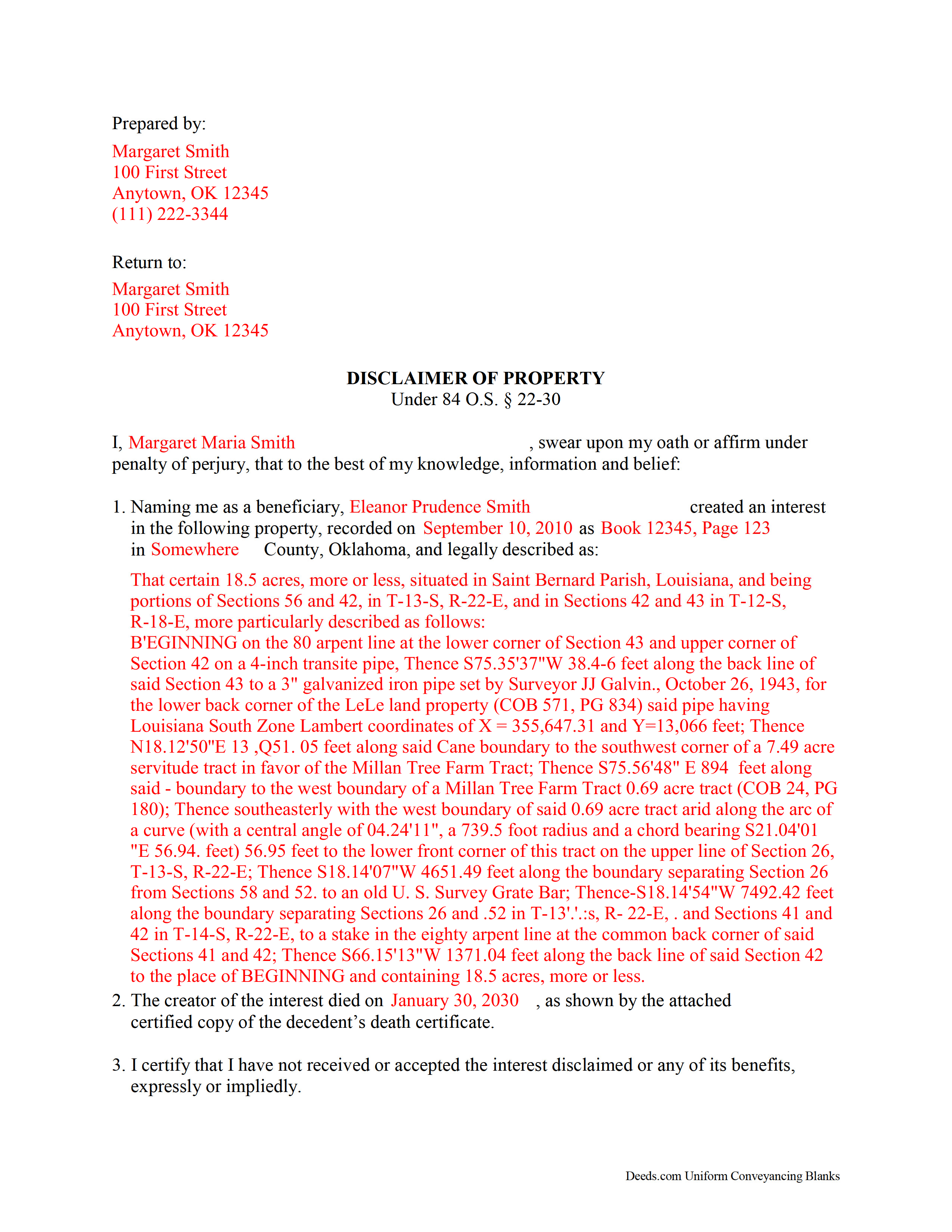 Completed Example of the Disclaimer of Interest Document