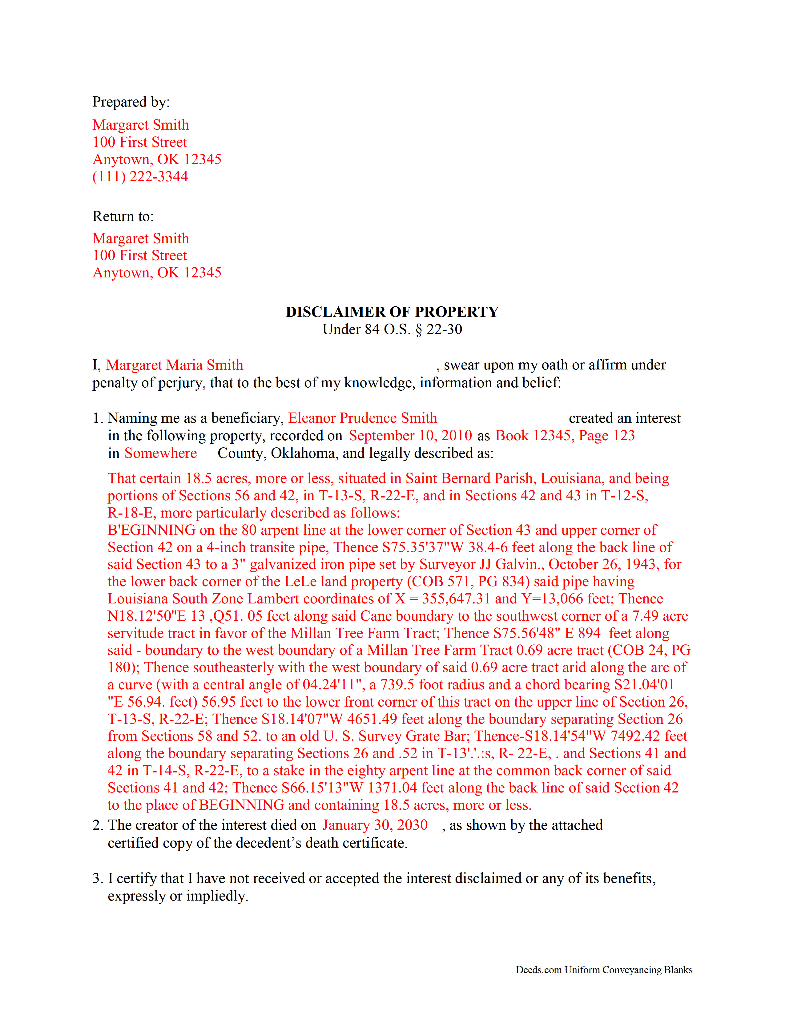 Mayes County Completed Example of the Disclaimer of Interest Document