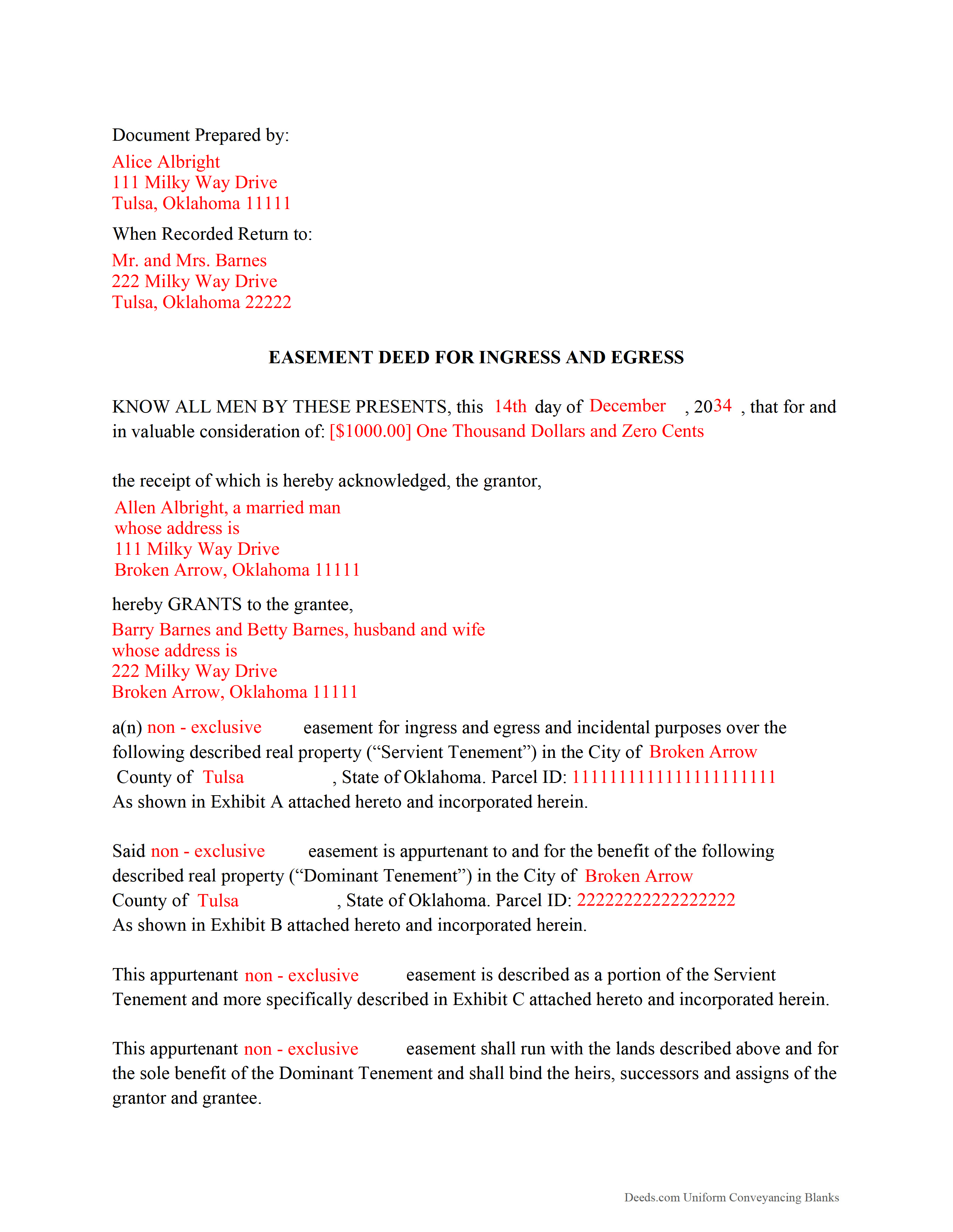 Completed Example of the Easement Deed Document