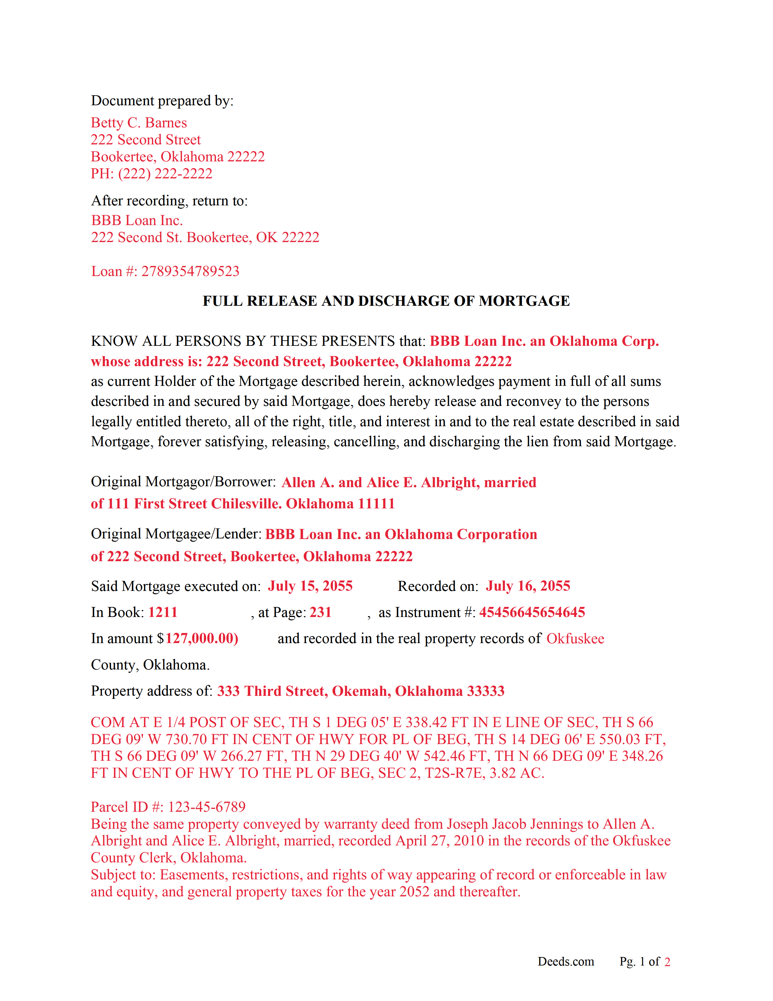 Choctaw County Completed Example of the Discharge of Mortgage Document