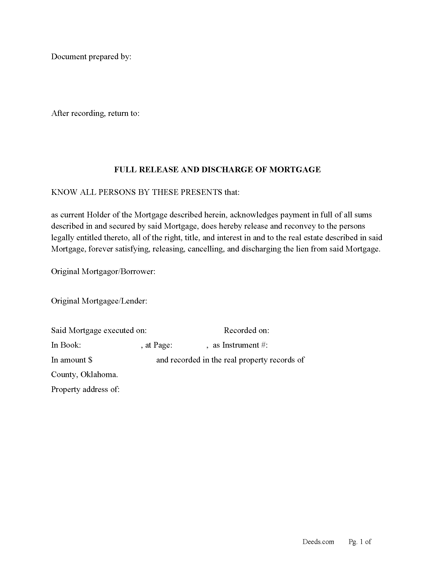Full Release and Discharge of Mortgage Form