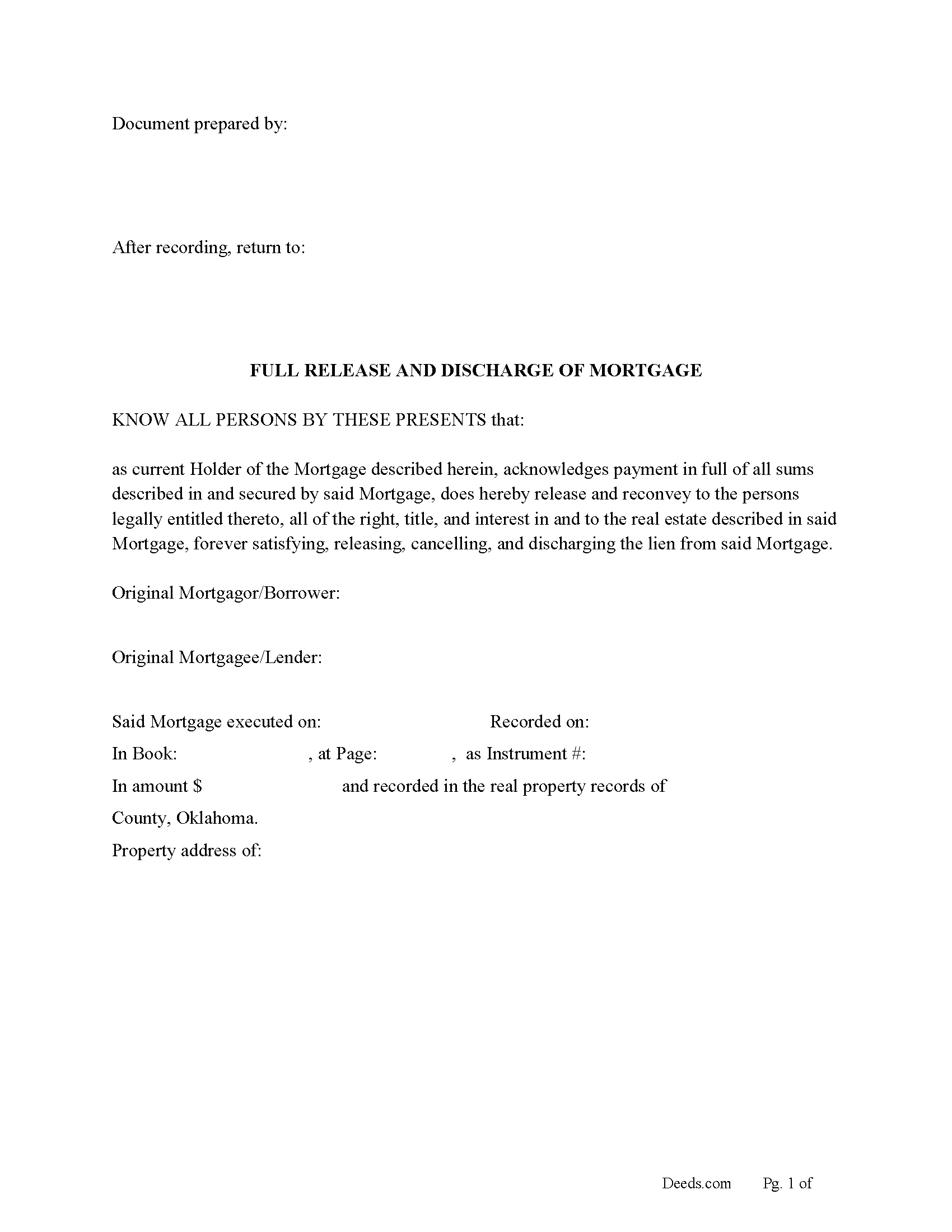Choctaw County Full Release and Discharge of Mortgage Form