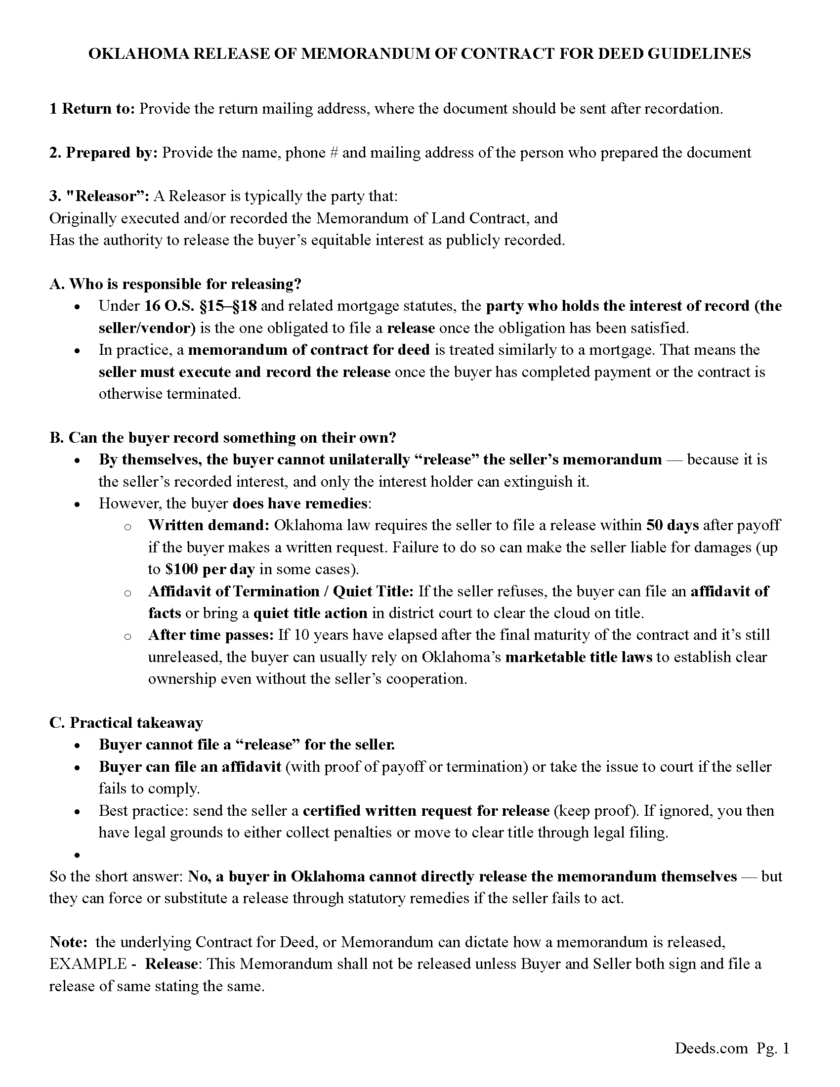 Dewey County Full Release of Memorandum of Contract for Deed Guide