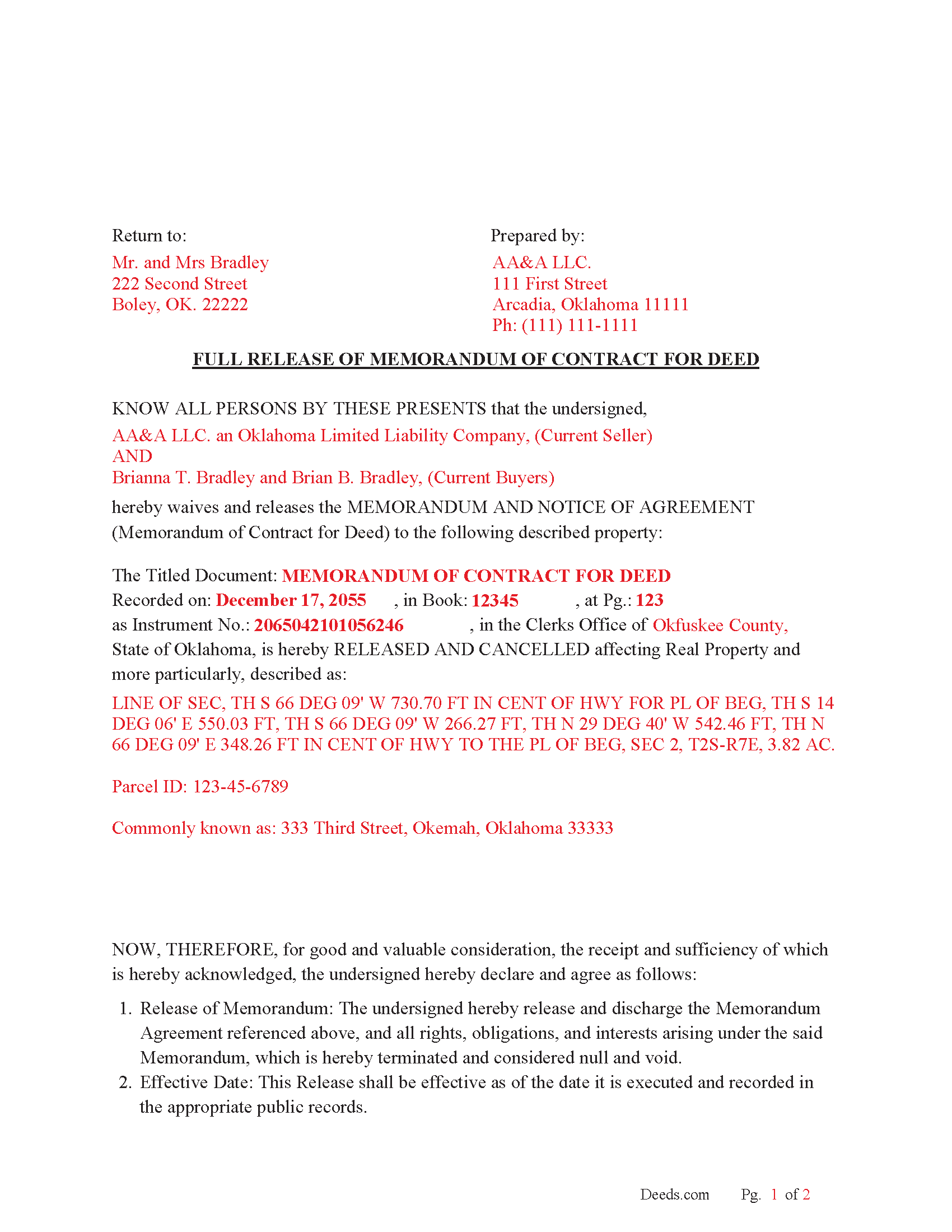 Dewey County Completed Example of the Full Release of Memorandum of Contract for Deed Document