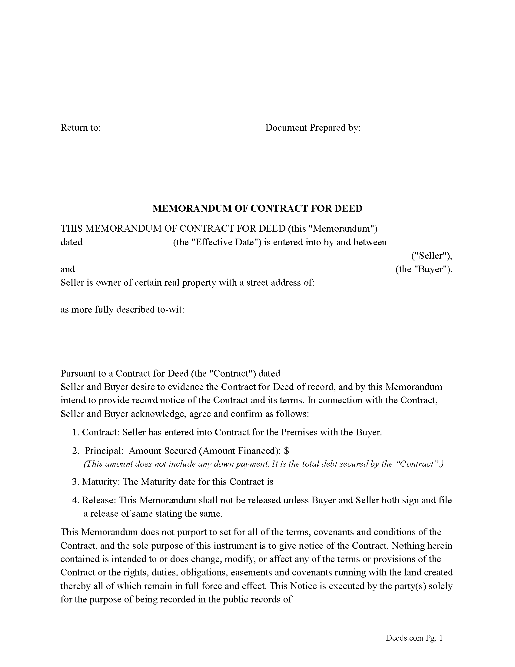 Hughes County Memorandum of Contract for Deed Form