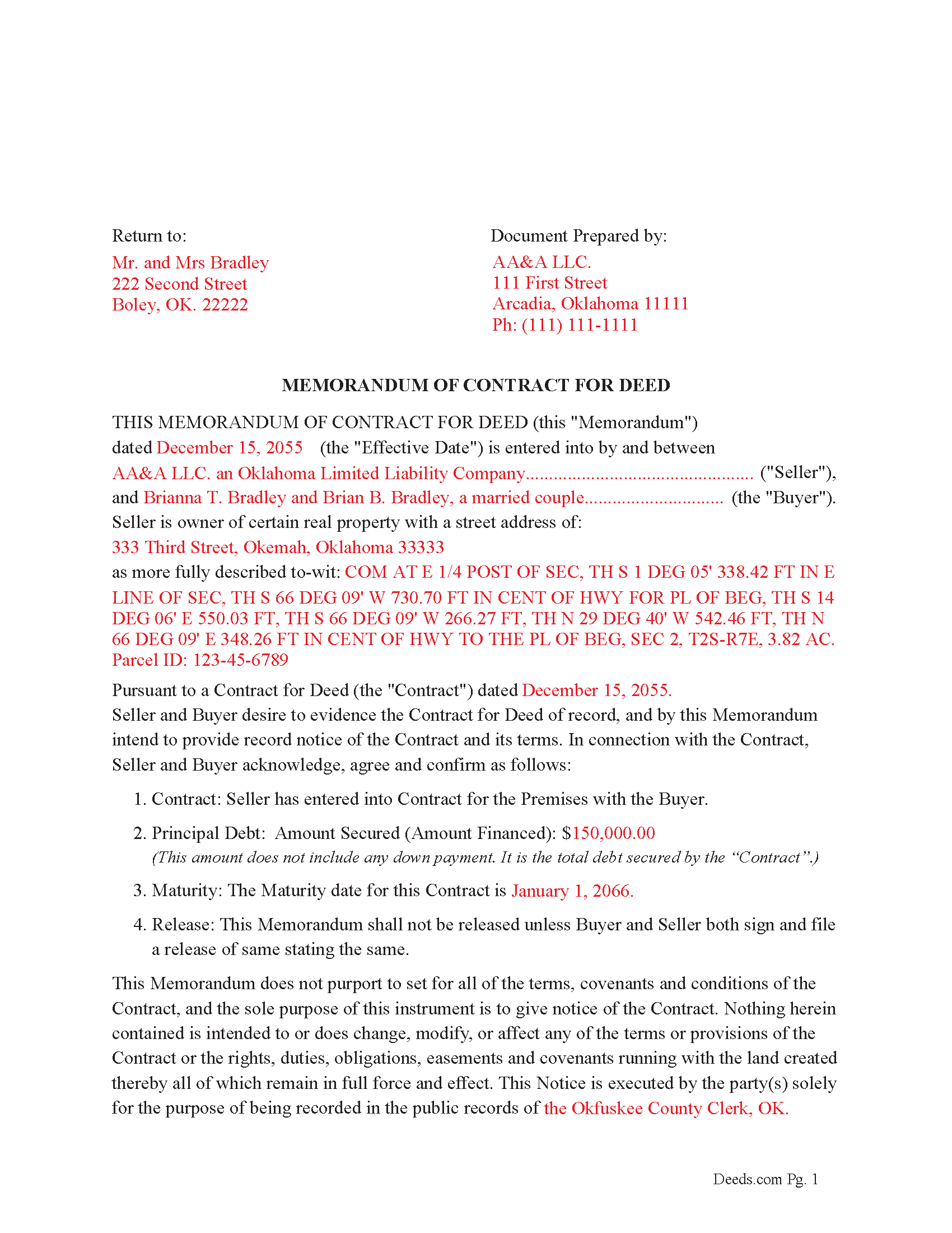 Hughes County Completed Example of the Memorandum of Contract for Deed Document