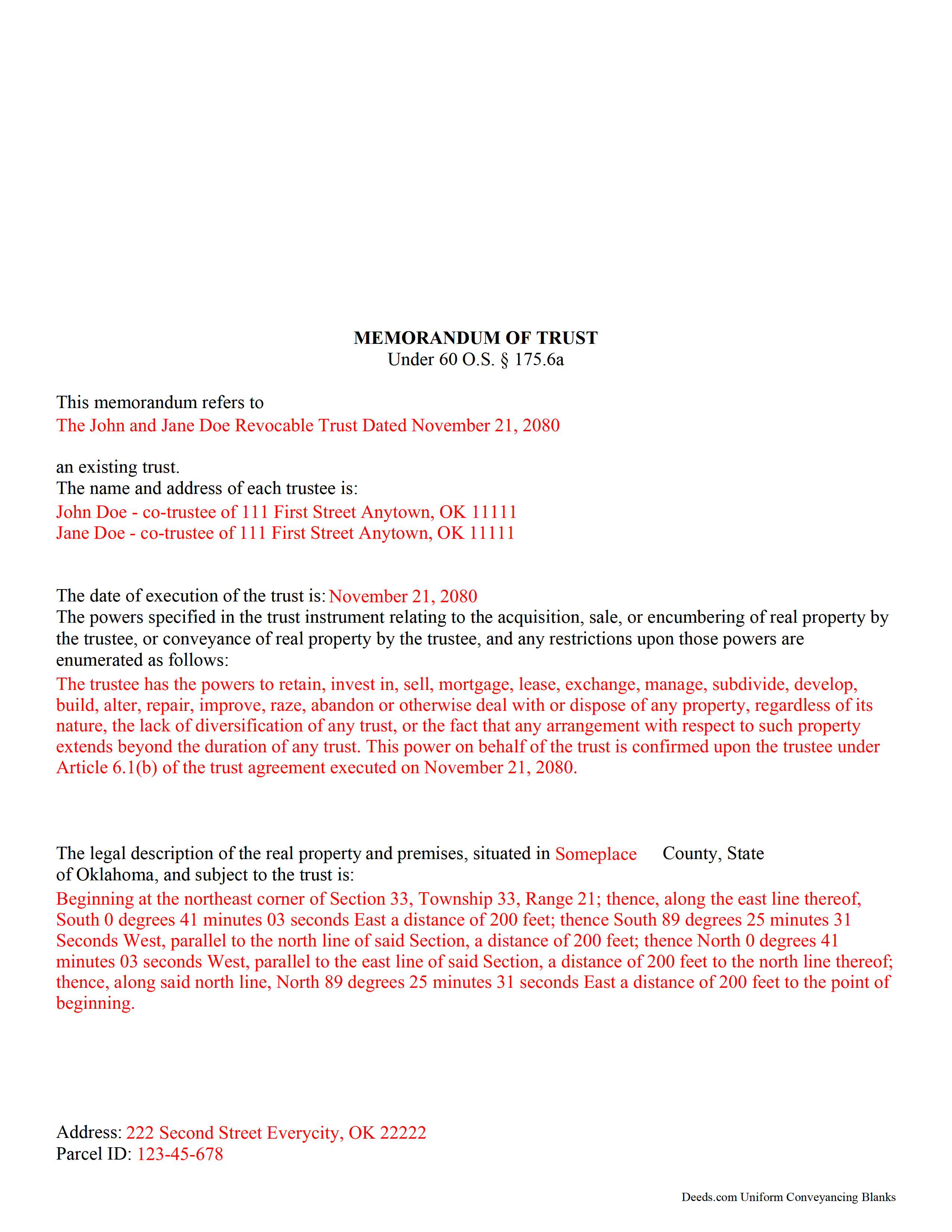 Completed Example of the Memorandum of Trust Form