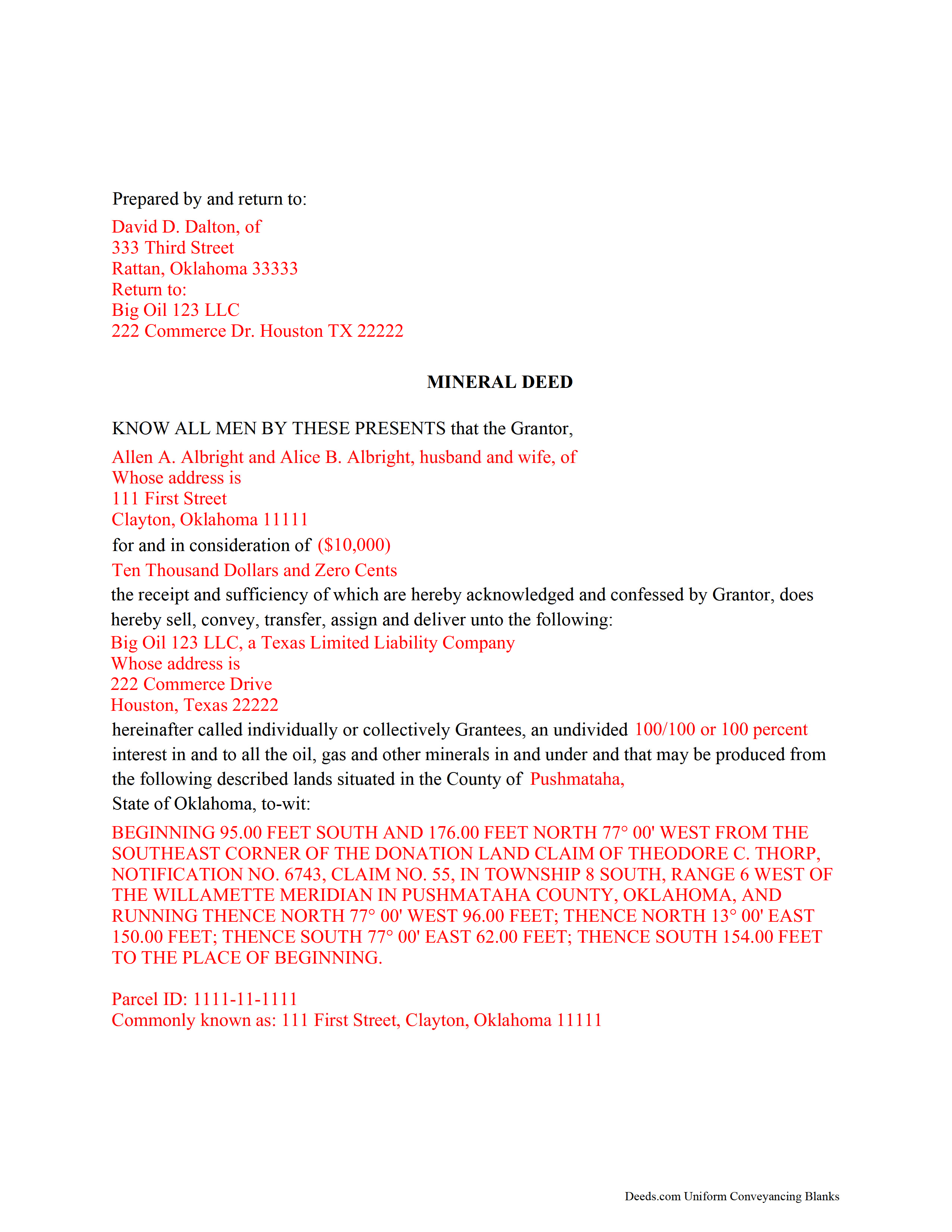 Completed Example of the Mineral Deed Document