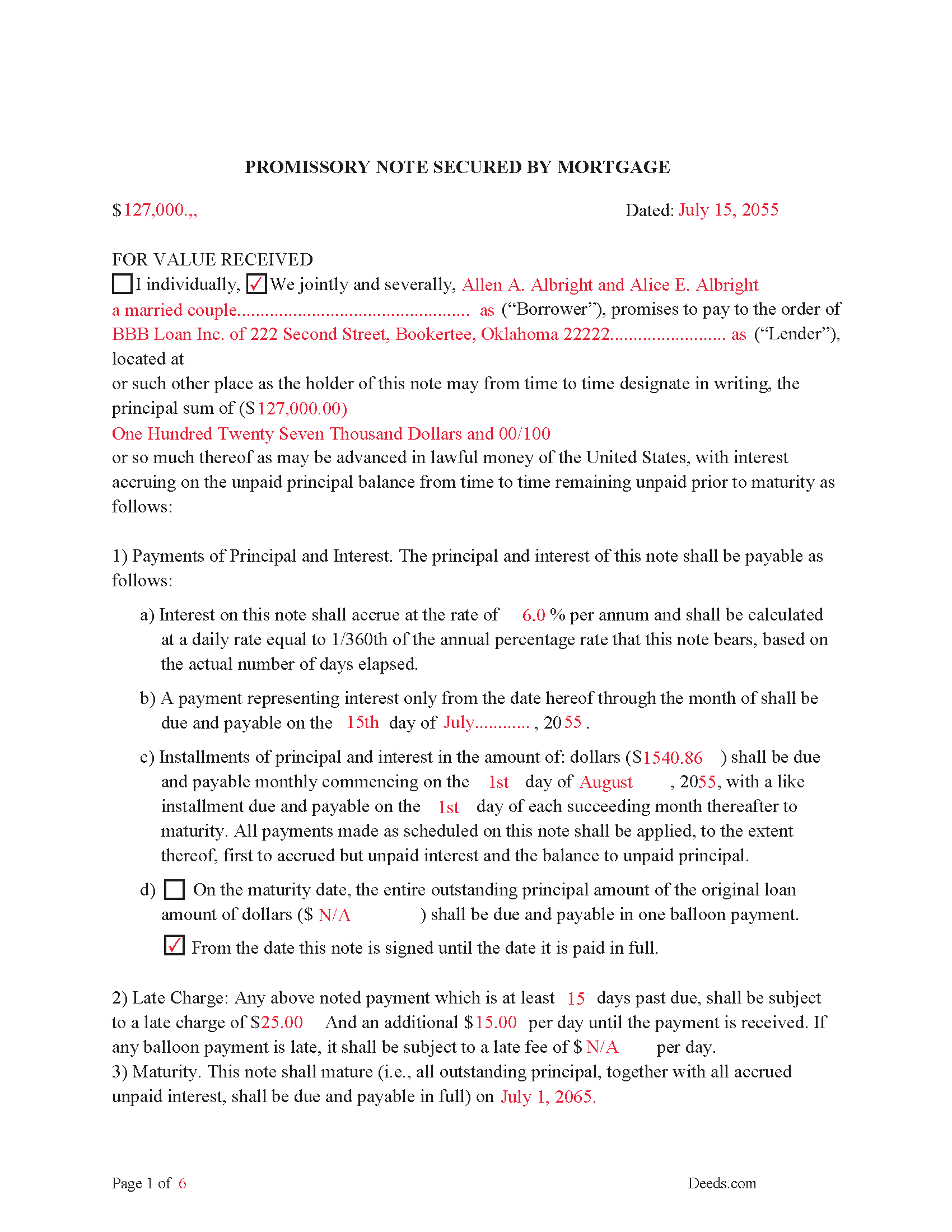 Completed Example of the Promissory Note Document