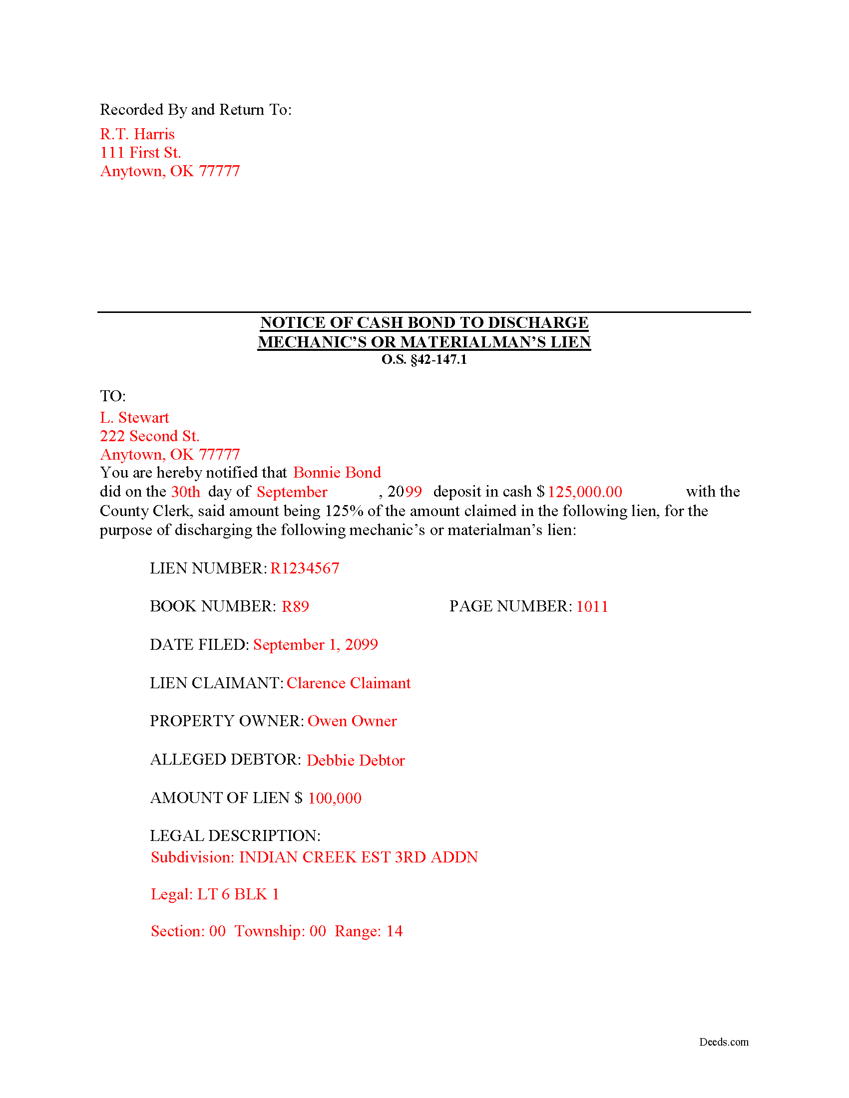 Completed Example of the Notice of Bond to Discharge Lien Document