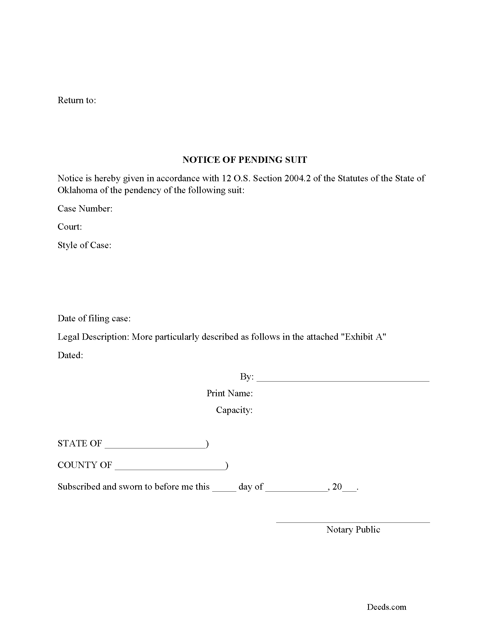 Oklahoma Lis Pendens - Notice of Pending Suit Image
