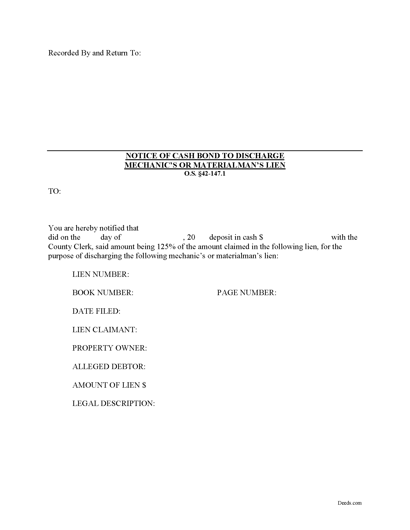 Oklahoma Notice of Bond to Discharge Lien Image