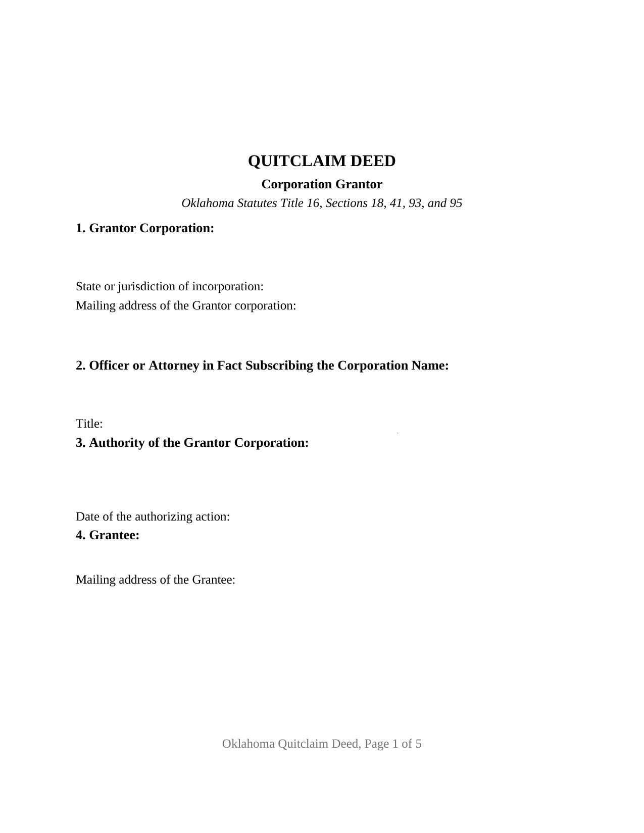 Oklahoma Quitclaim Deed (Corporation Grantor)