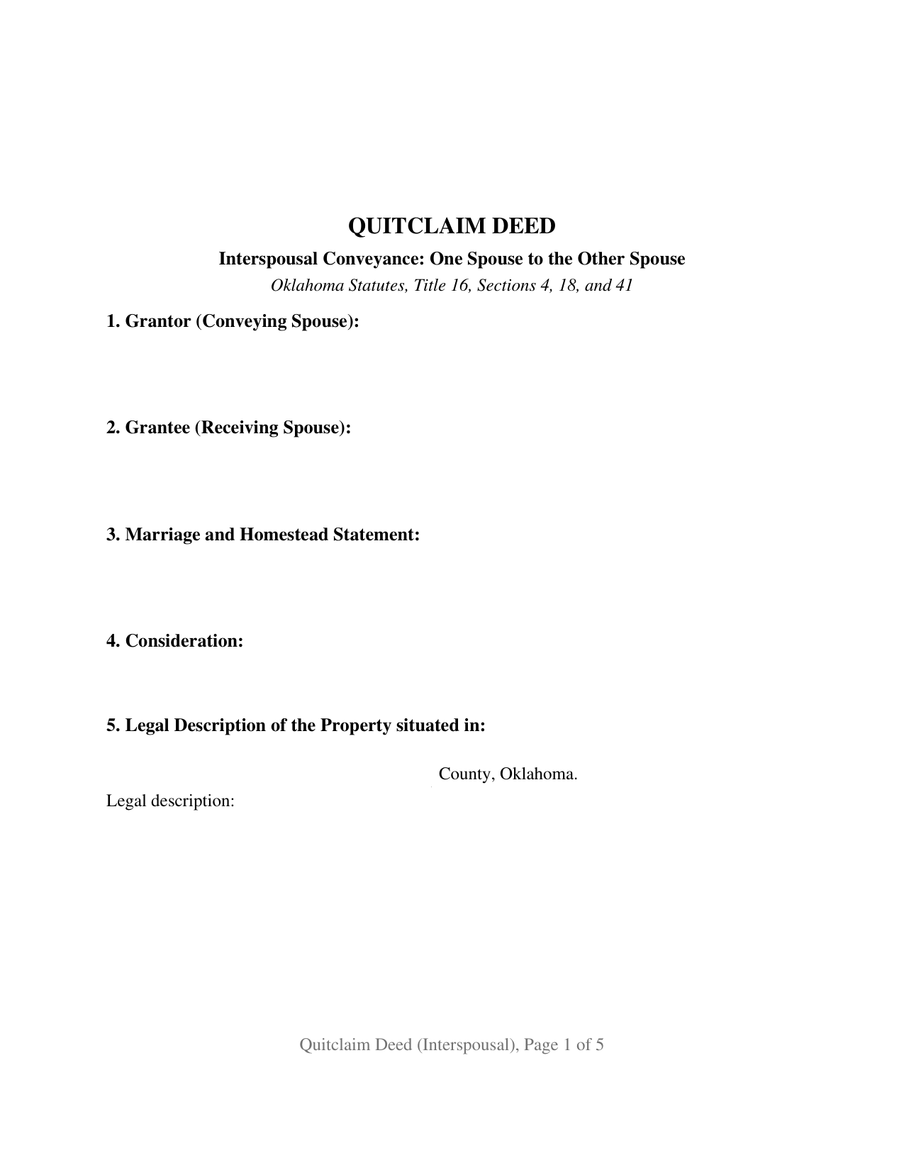 Oklahoma Quitclaim Deed (Interspousal)