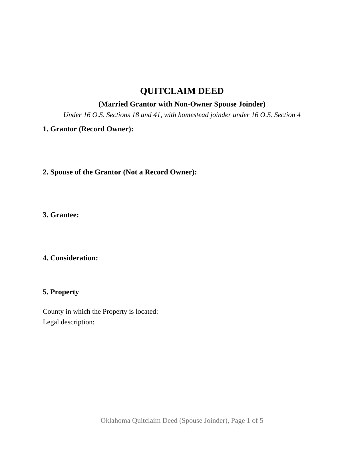 Oklahoma Quitclaim Deed (Married Grantor with Non-Owner Spouse Joinder)
