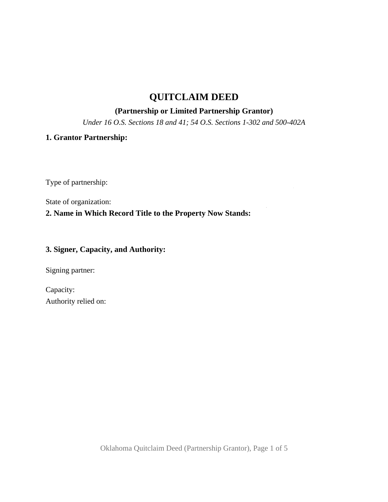Oklahoma Quitclaim Deed (Partnership or Limited Partnership Grantor)