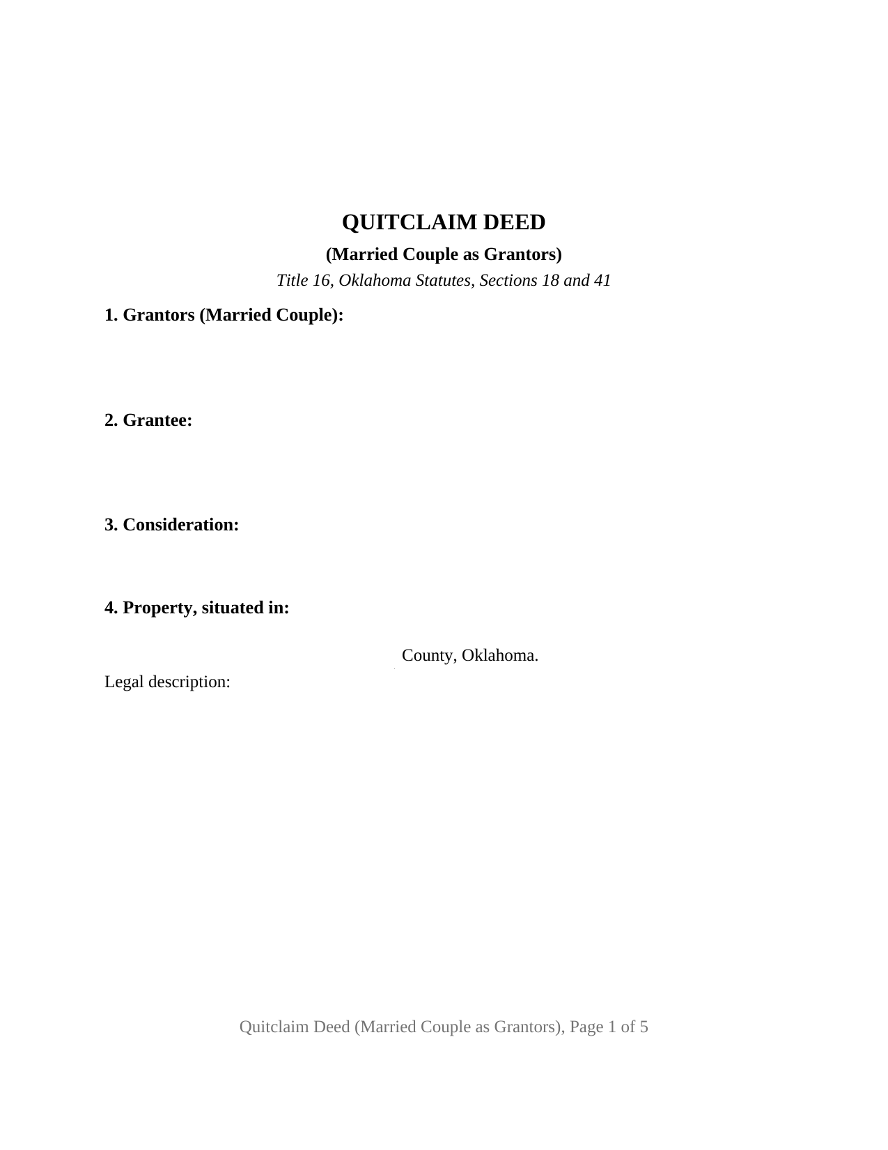 Oklahoma Quitclaim Deed (Married Couple as Grantors)