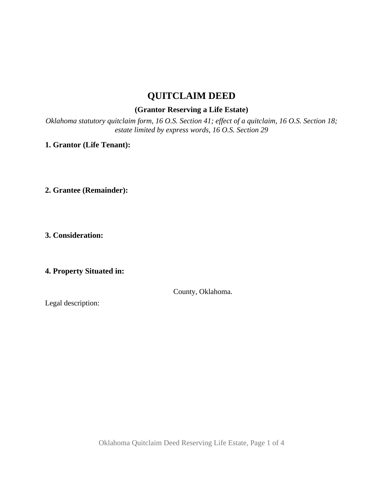 Oklahoma Quitclaim Deed (Reserving Life Estate)