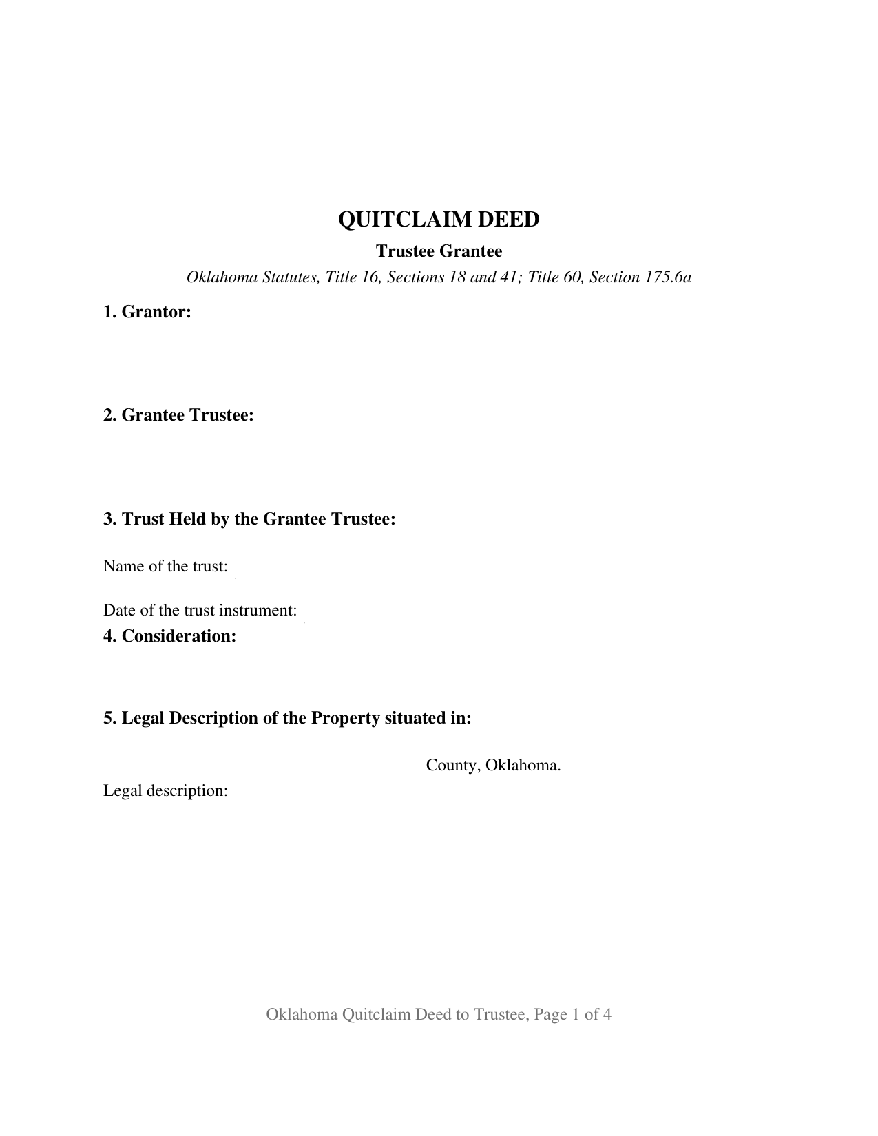 Oklahoma Quitclaim Deed (Trustee Grantee)
