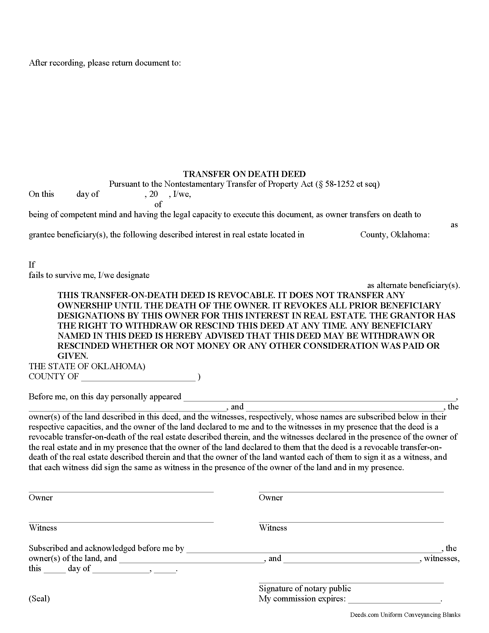 Oklahoma Transfer on Death Deed Image