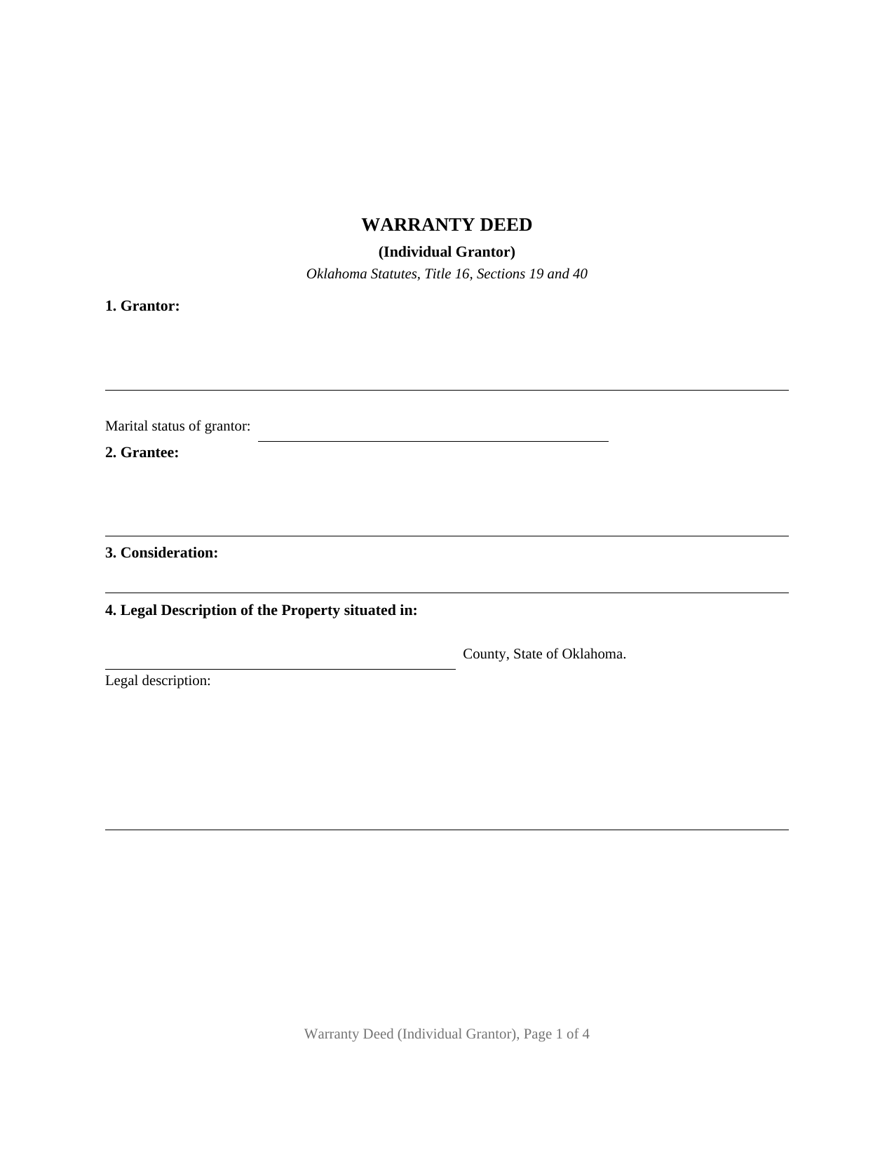 Oklahoma Warranty Deed (Individual Grantor)