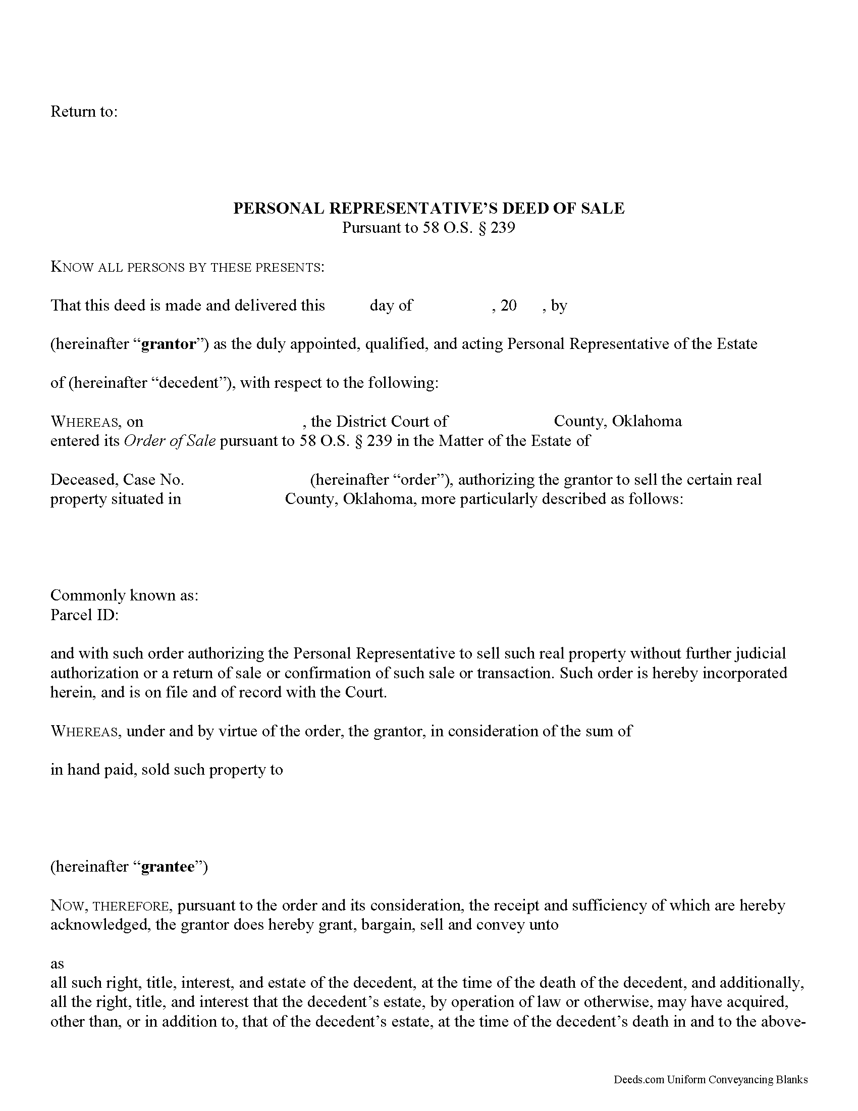 Choctaw County Personal Representative Deed of Sale Form