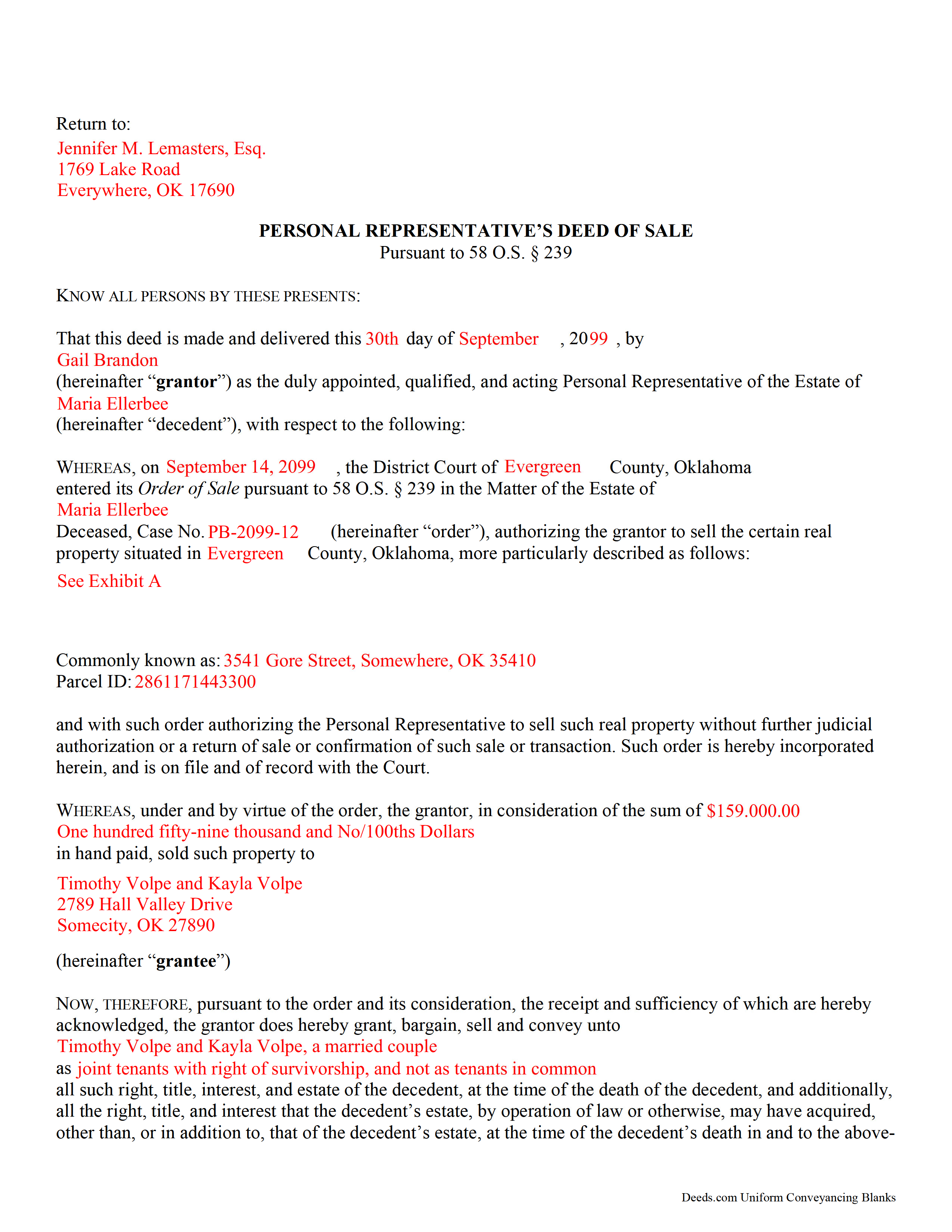 Choctaw County Completed Example of the Personal Representative Deed of Sale Document