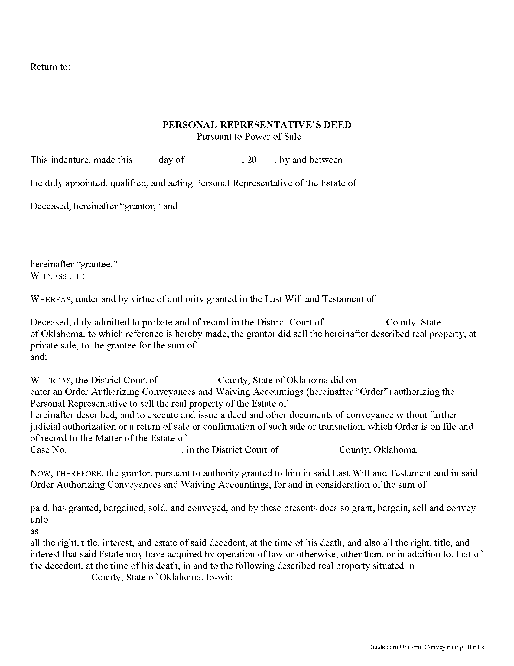 Choctaw County Personal Representative Deed Power of Sale Form