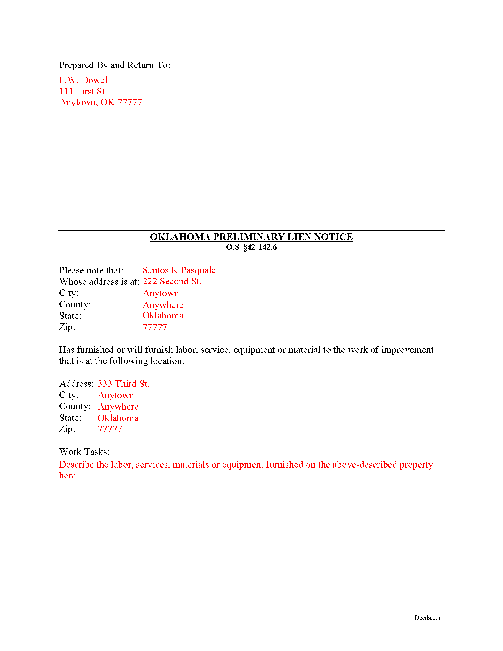 Completed Example of the Preliminary Notice Document