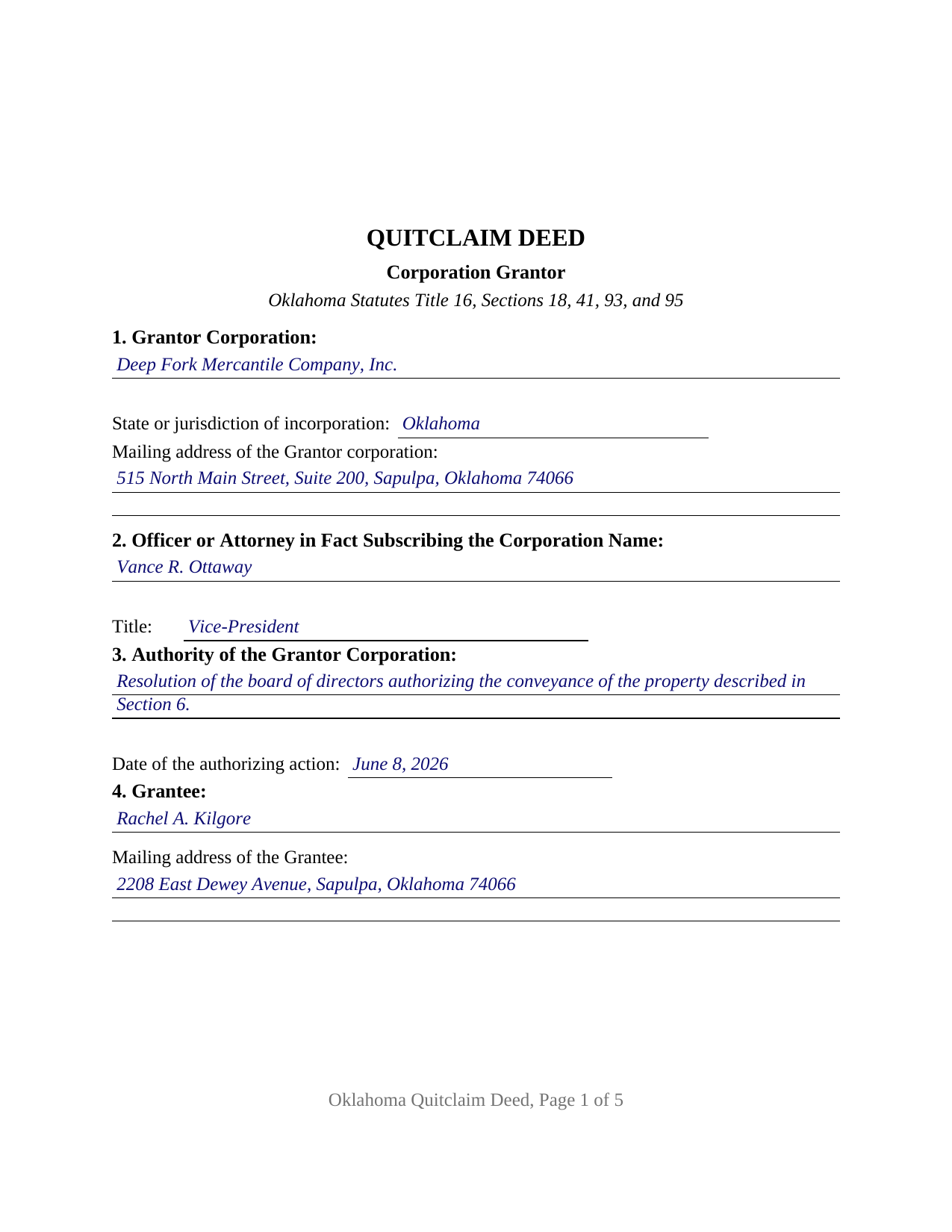 Jackson County Completed Example of the Quitclaim Deed (Corporation Grantor) Document