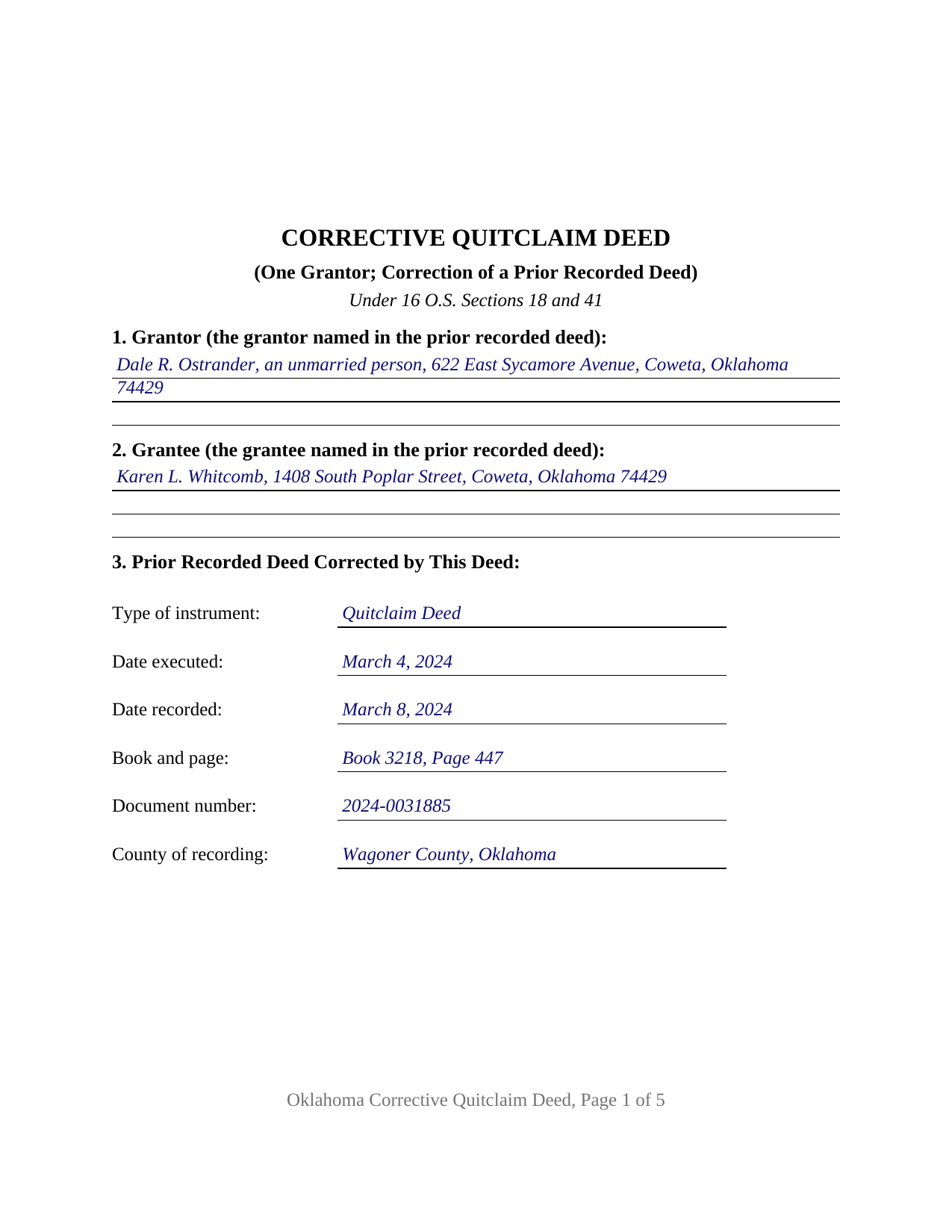 Mcclain County Completed Example of the Quitclaim Deed (Corrective) Document