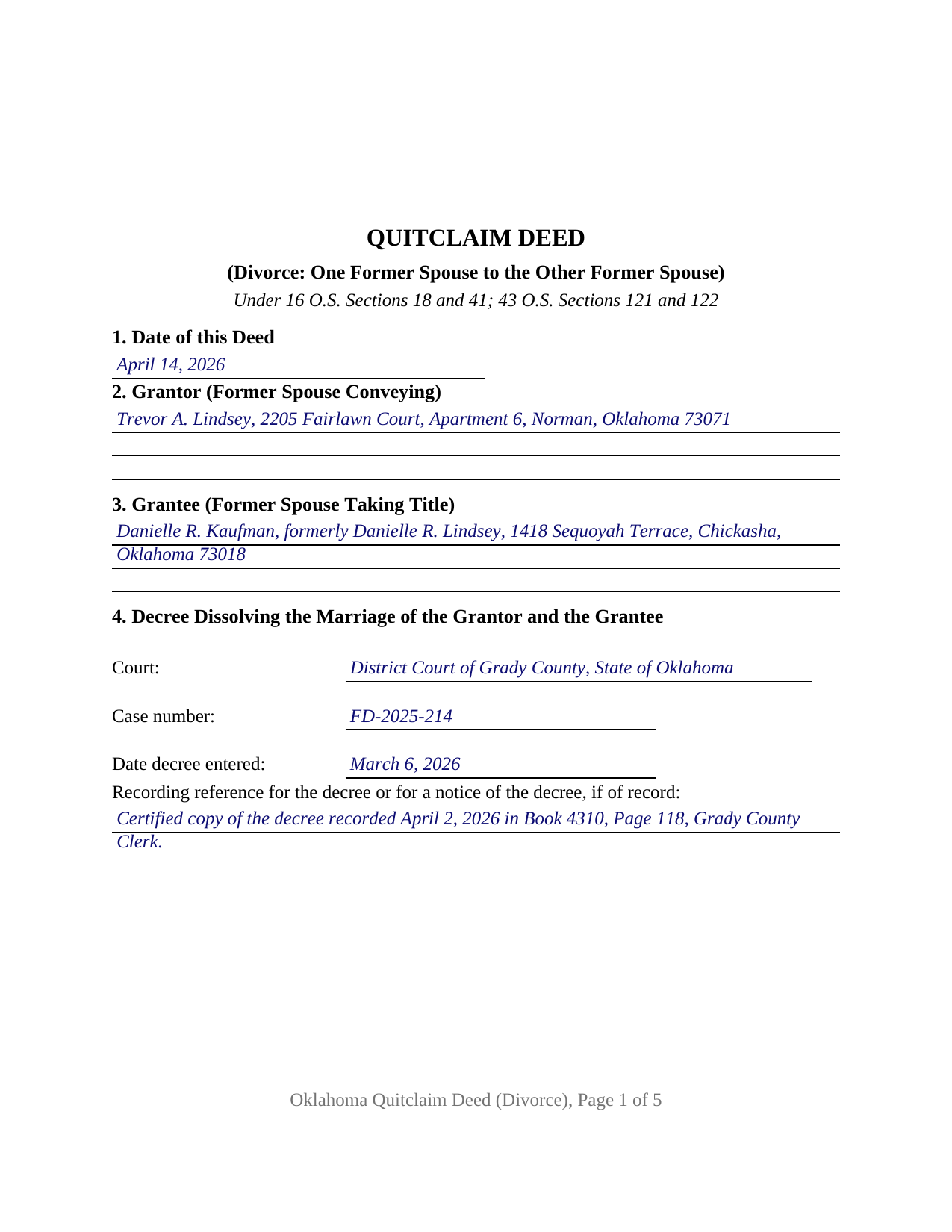 Tillman County Completed Example of the Quitclaim Deed (Divorce) Document
