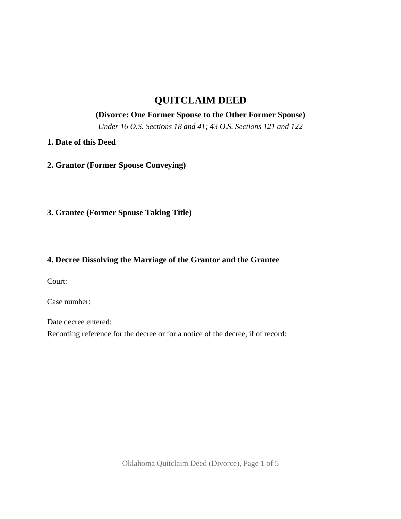 Tillman County Quitclaim Deed (Divorce) Form
