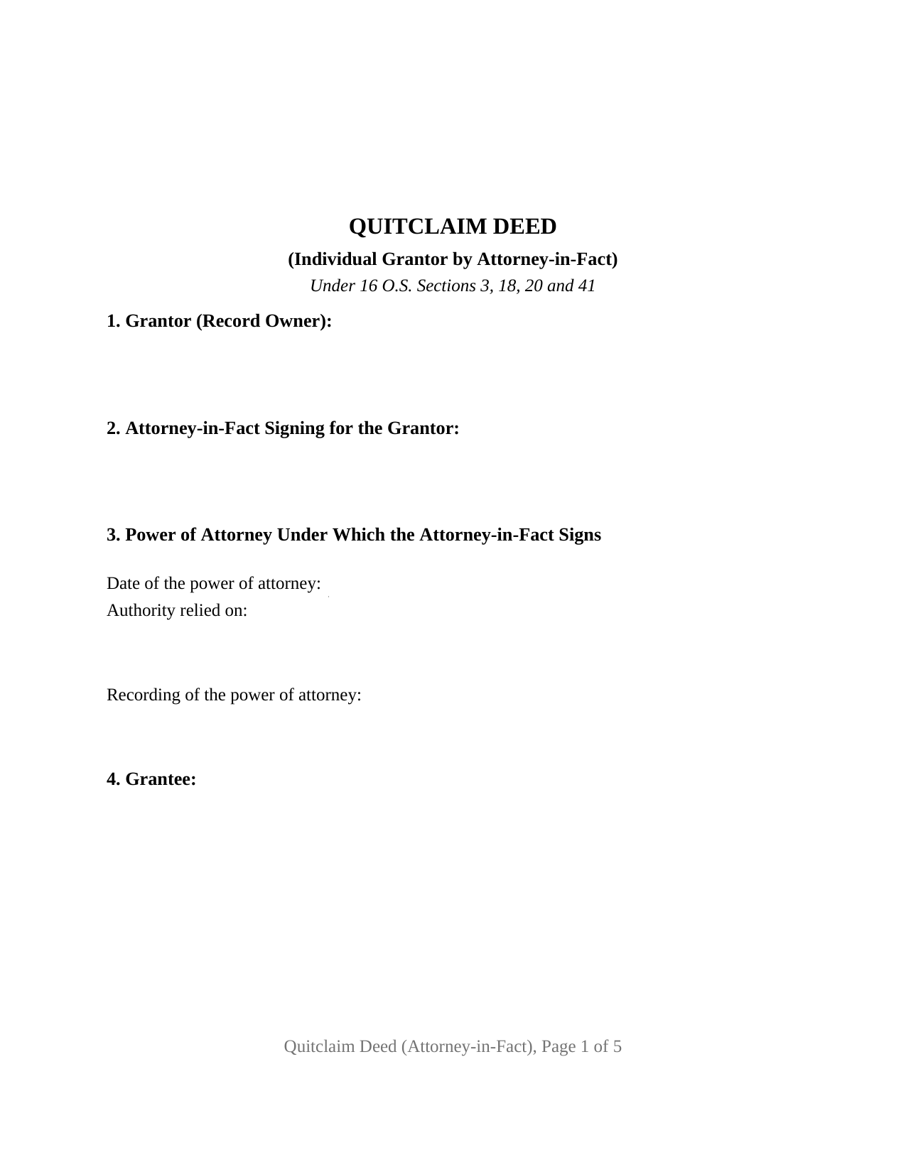 Cherokee County Quitclaim Deed (Individual Grantor by Attorney-in-Fact) Form