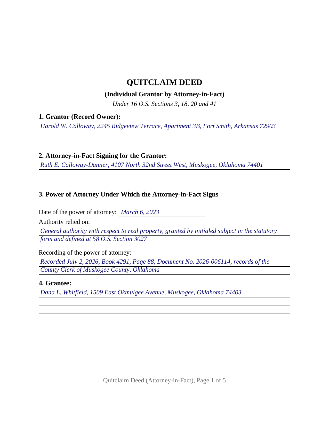 Cherokee County Completed Example of the Quitclaim Deed (Individual Grantor by Attorney-in-Fact) Document