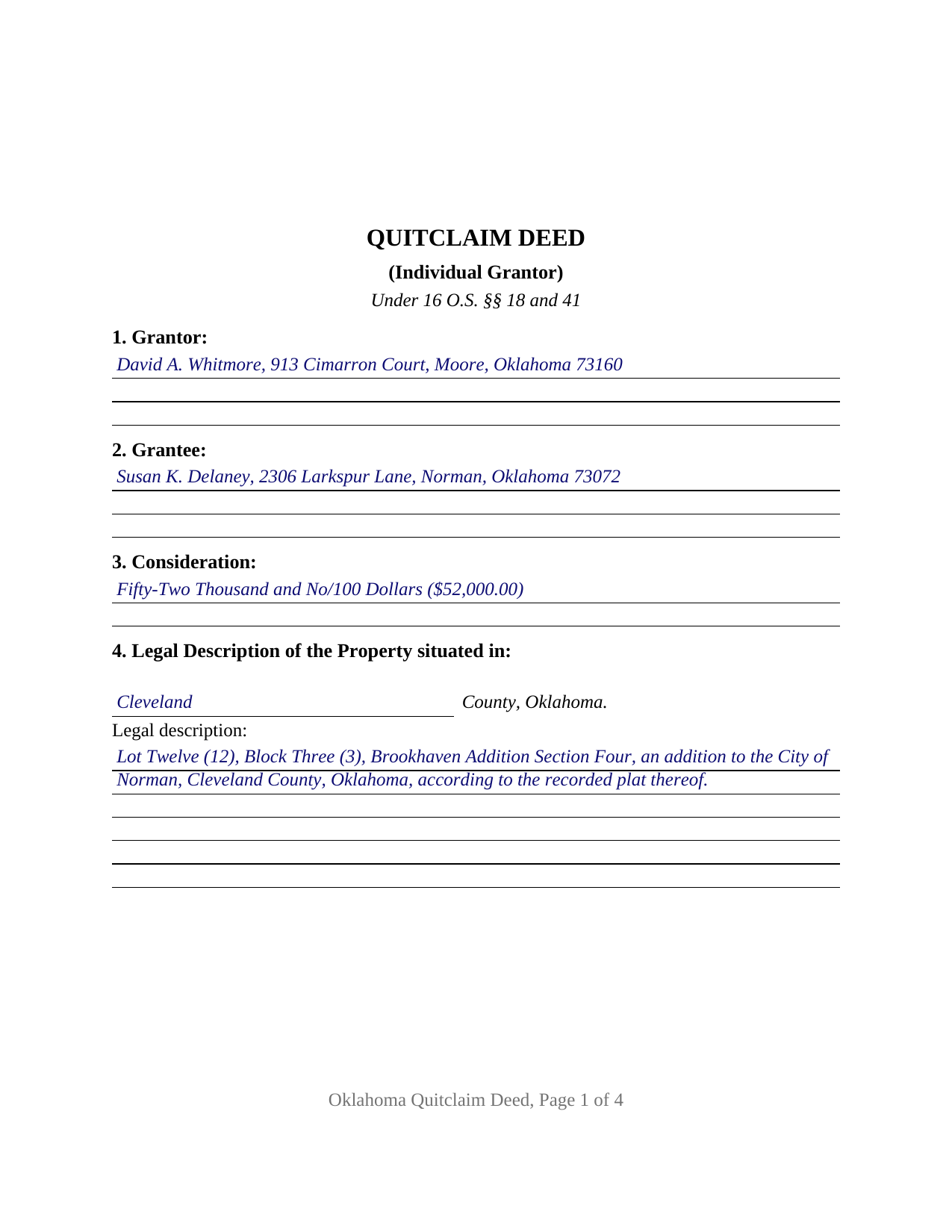 Woods County Completed Example of the Quitclaim Deed (Individual Grantor) Document