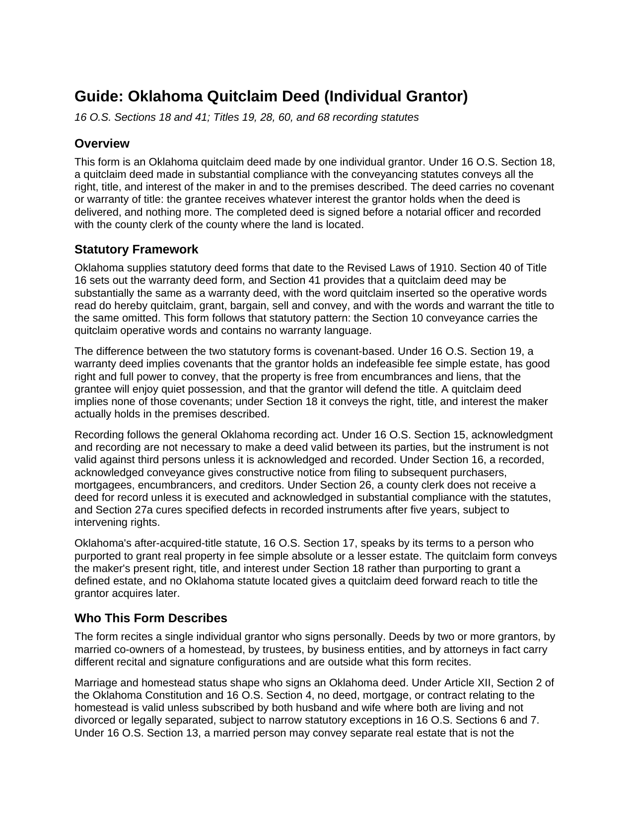 Woods County Quitclaim Deed (Individual Grantor) Guide