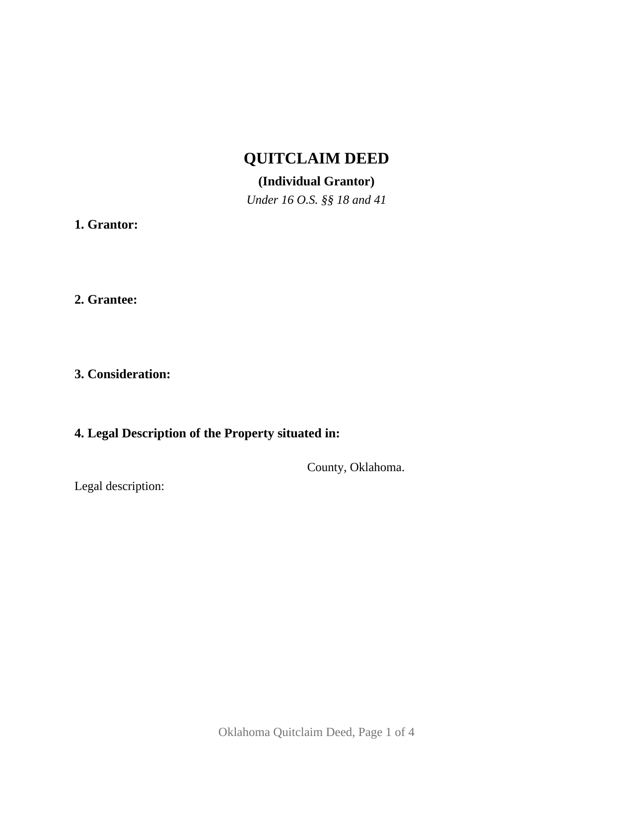 Woods County Quitclaim Deed (Individual Grantor) Form