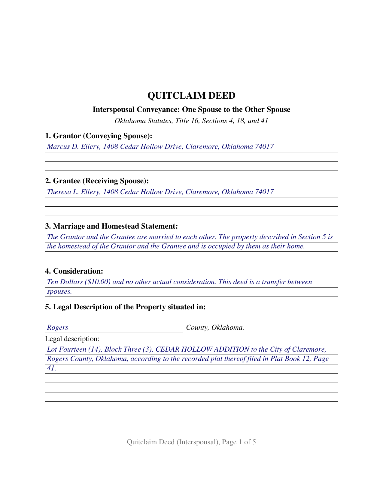 Carter County Completed Example of the Quitclaim Deed (Interspousal) Document