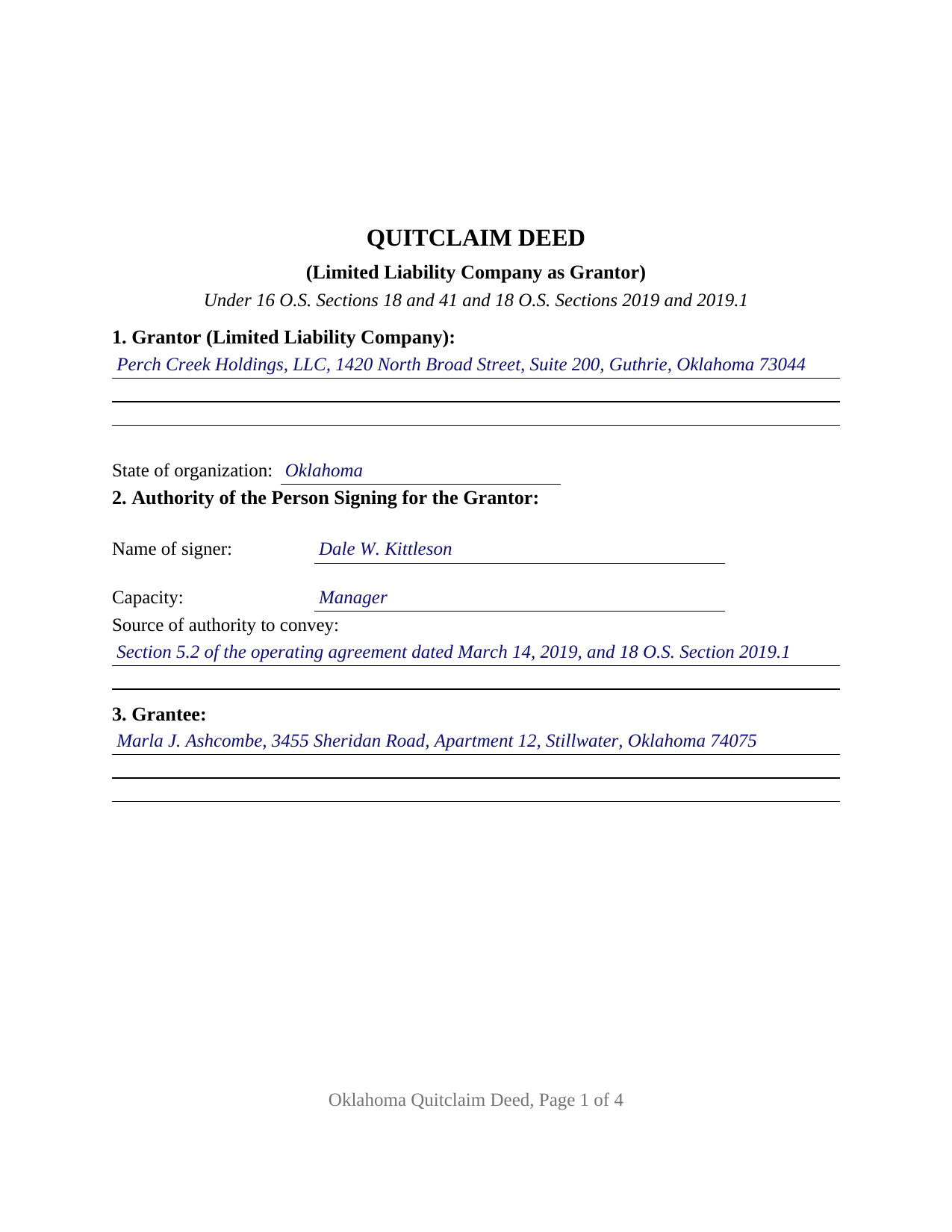Kay County Completed Example of the Quitclaim Deed (LLC Grantor) Document