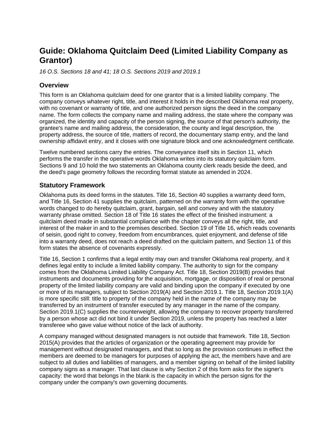 Kay County Quitclaim Deed (LLC Grantor) Guide